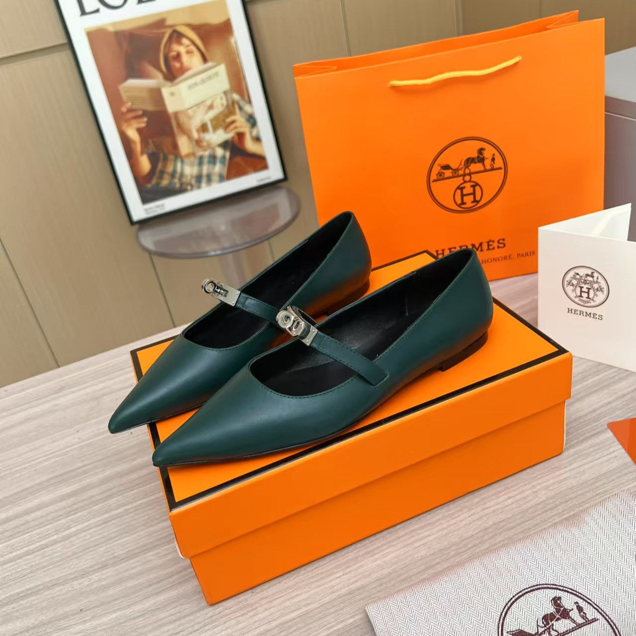 Kiara Slingback Flat Dark Green Calfskin 214058