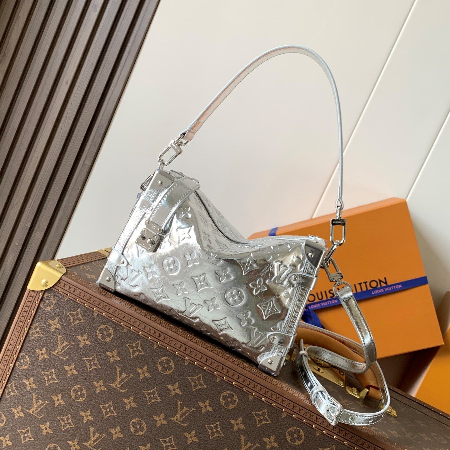 LV Side Trunk MM Sliver Calfskin