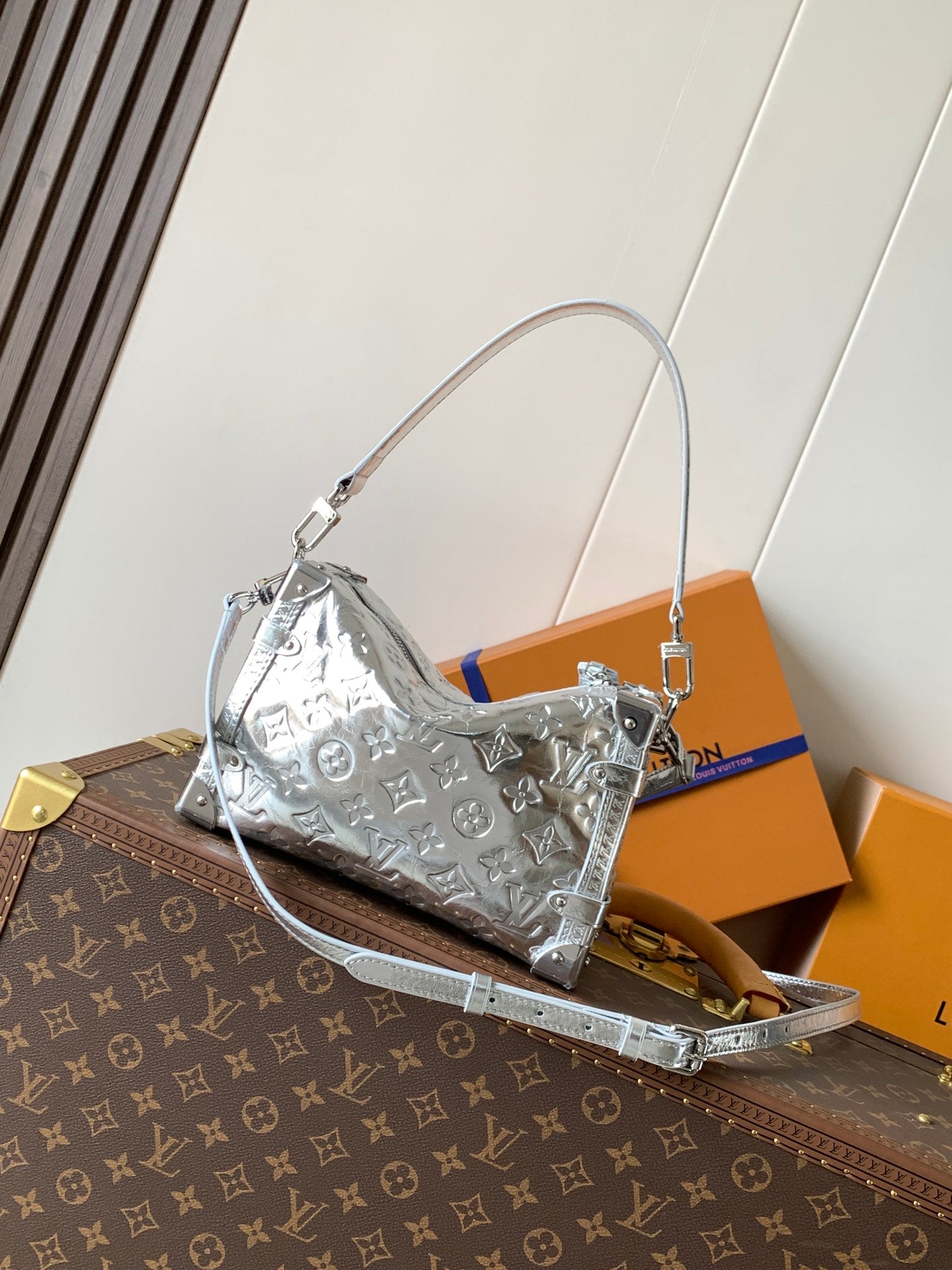 LV Side Trunk MM Sliver Calfskin