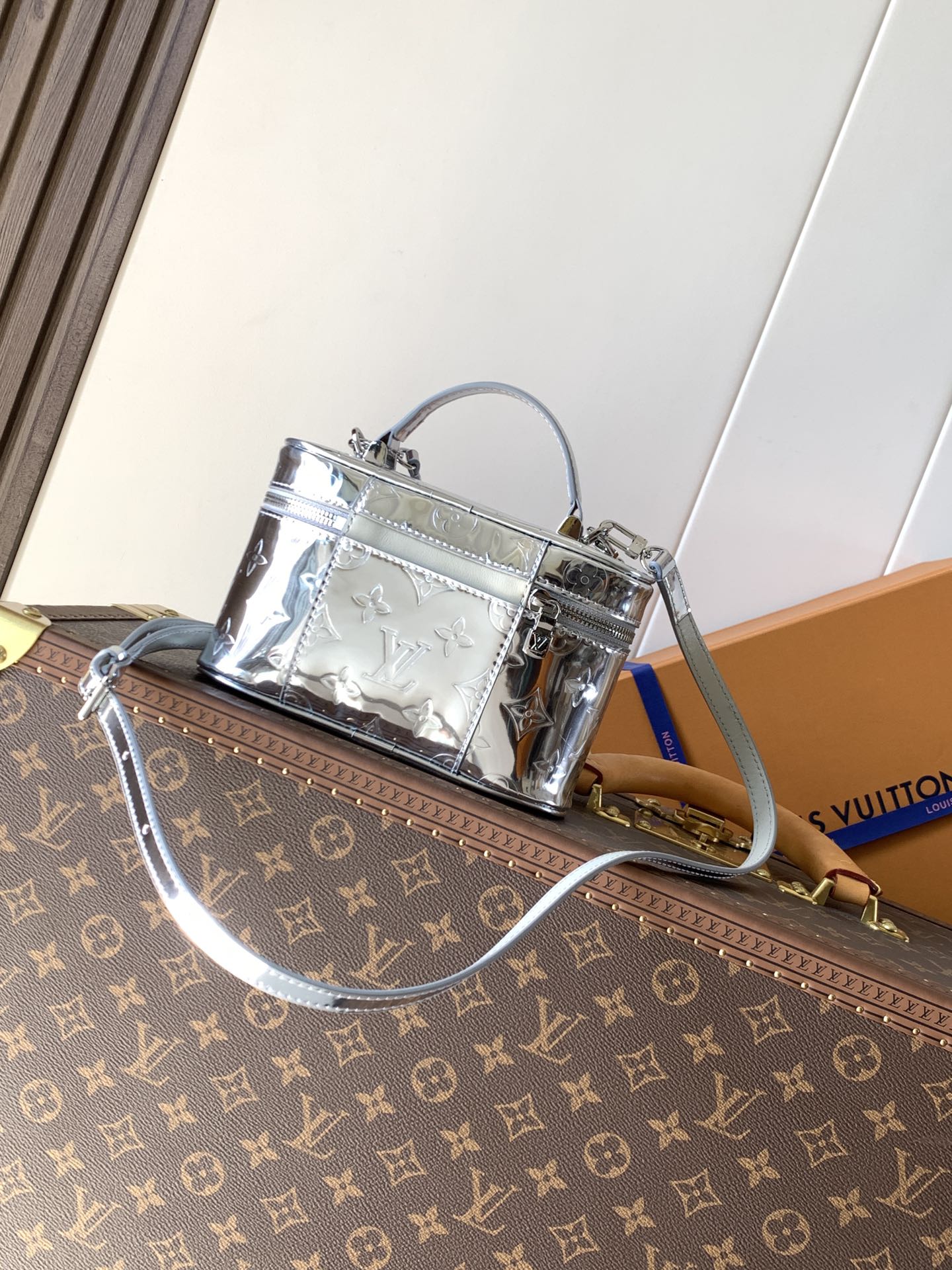 LV Vanity Chain Pouch Sliver Monogram Patent Leather