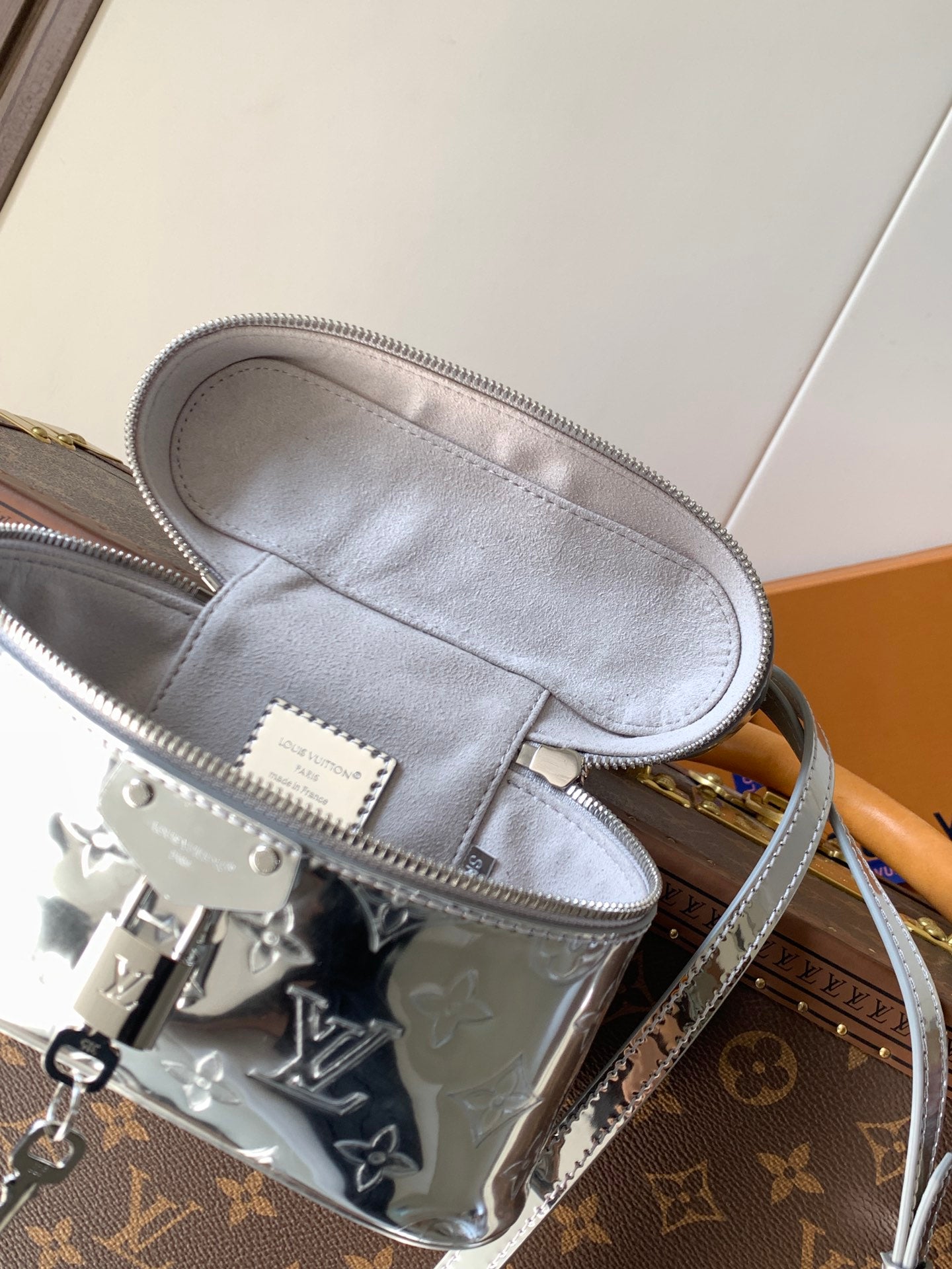 LV Vanity Chain Pouch Sliver Monogram Patent Leather