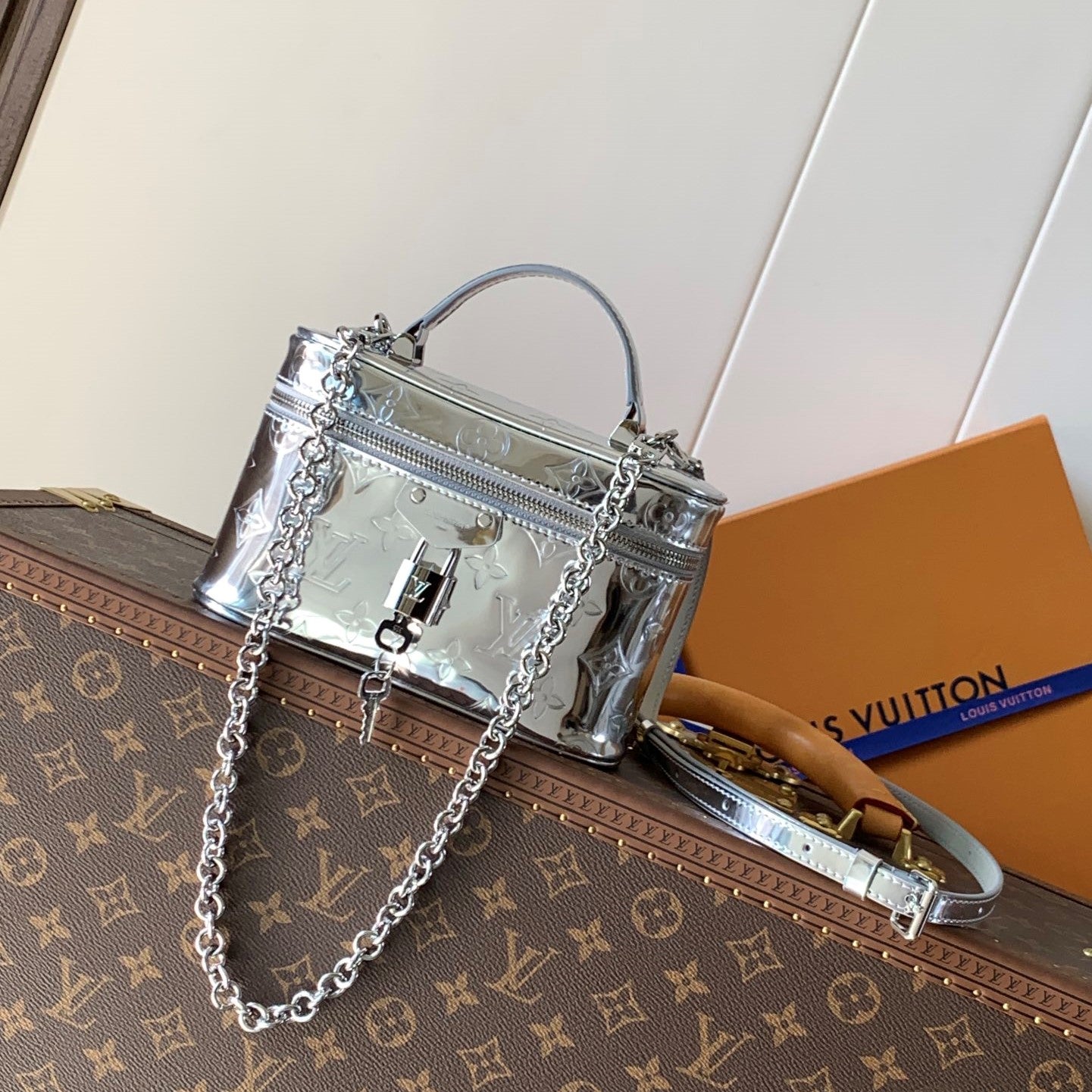 LV Vanity Chain Pouch Sliver Monogram Patent Leather