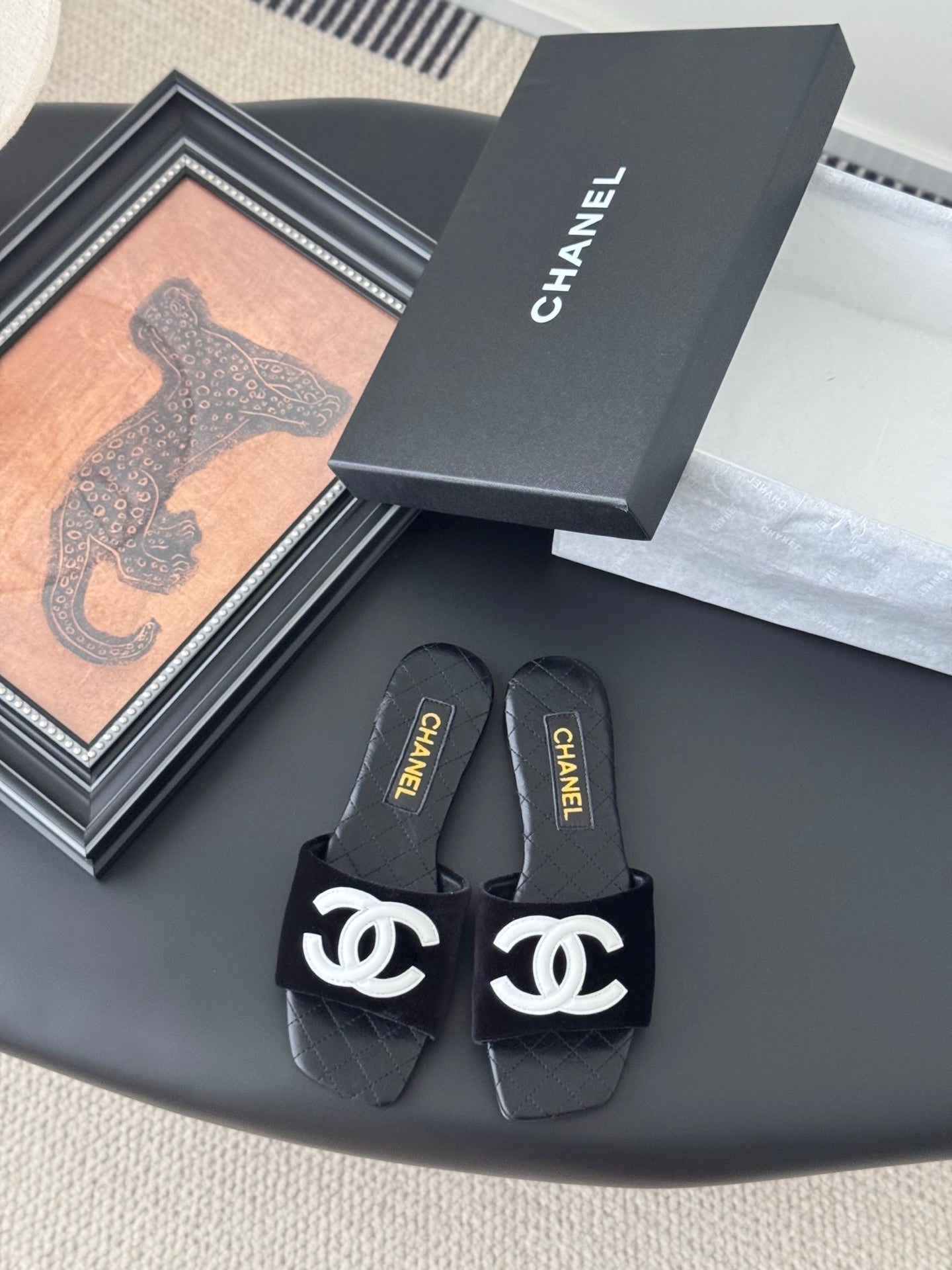 CC Slipper In Black Calfskin Mix Velvet