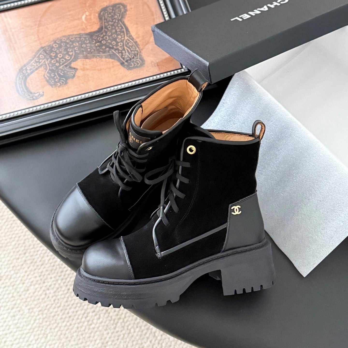 CC 25B Atelier Flats Boots Shoes Black Sheepskin & Suede 458767