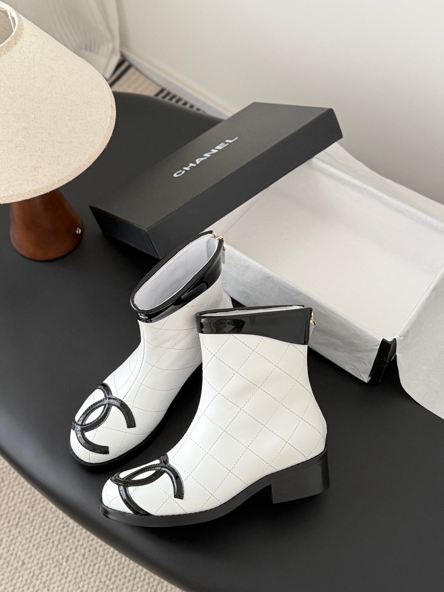 CC Cambon Ankle  Boots Black White Cowhide Patent Leather 540762