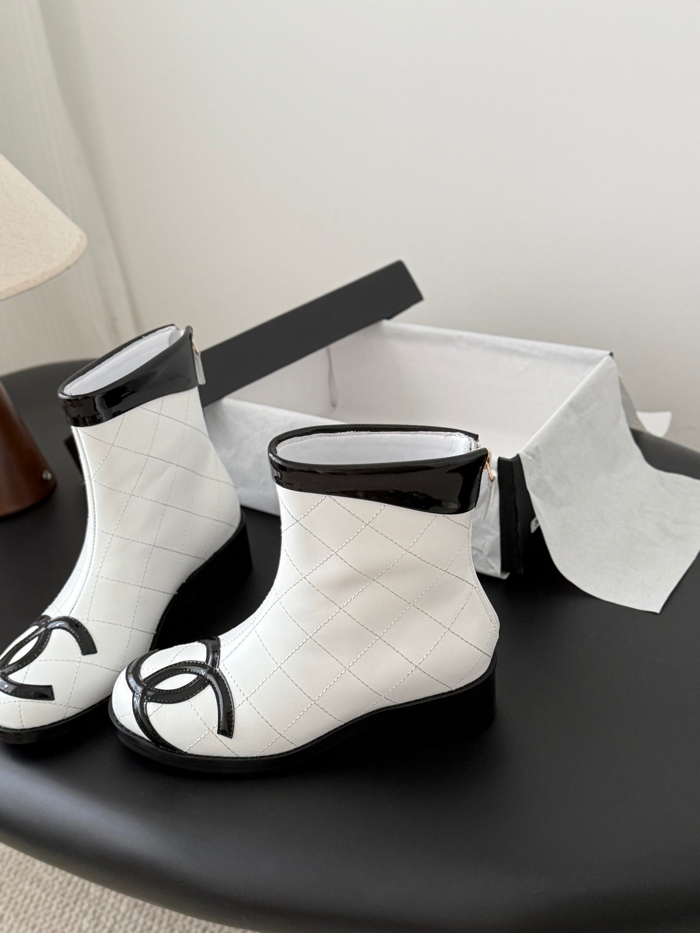 CC Cambon Ankle  Boots Black White Cowhide Patent Leather 540762