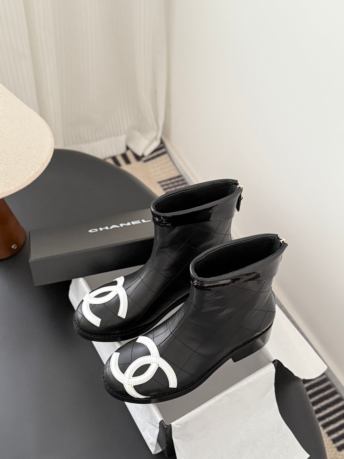 CC Cambon Ankle  Boots Black White Cowhide Patent Leather 540763