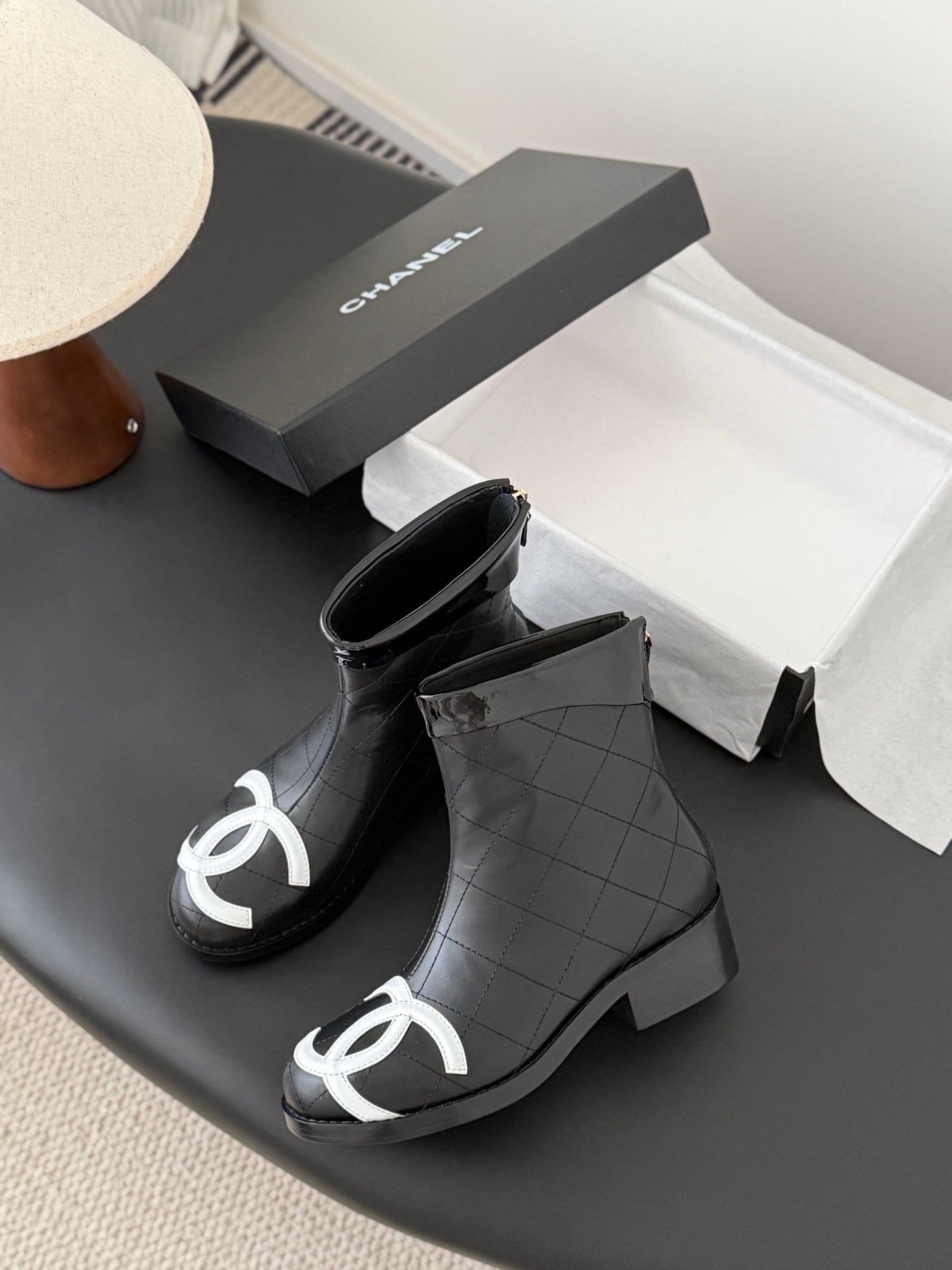 CC Cambon Ankle  Boots Black White Cowhide Patent Leather 540763