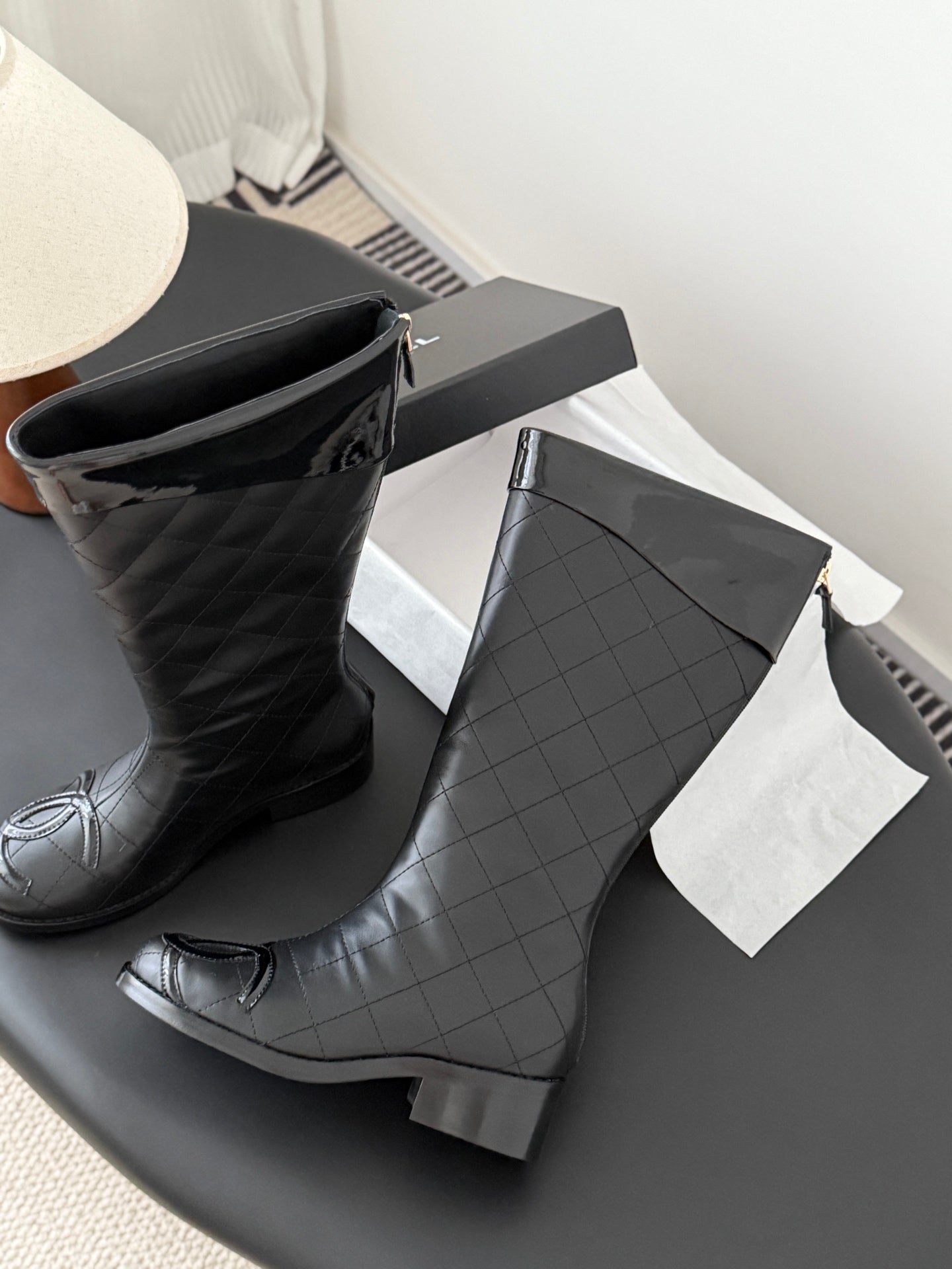 CC Cambon Mid-Calf Boots Black Cowhide Patent Leather 540765