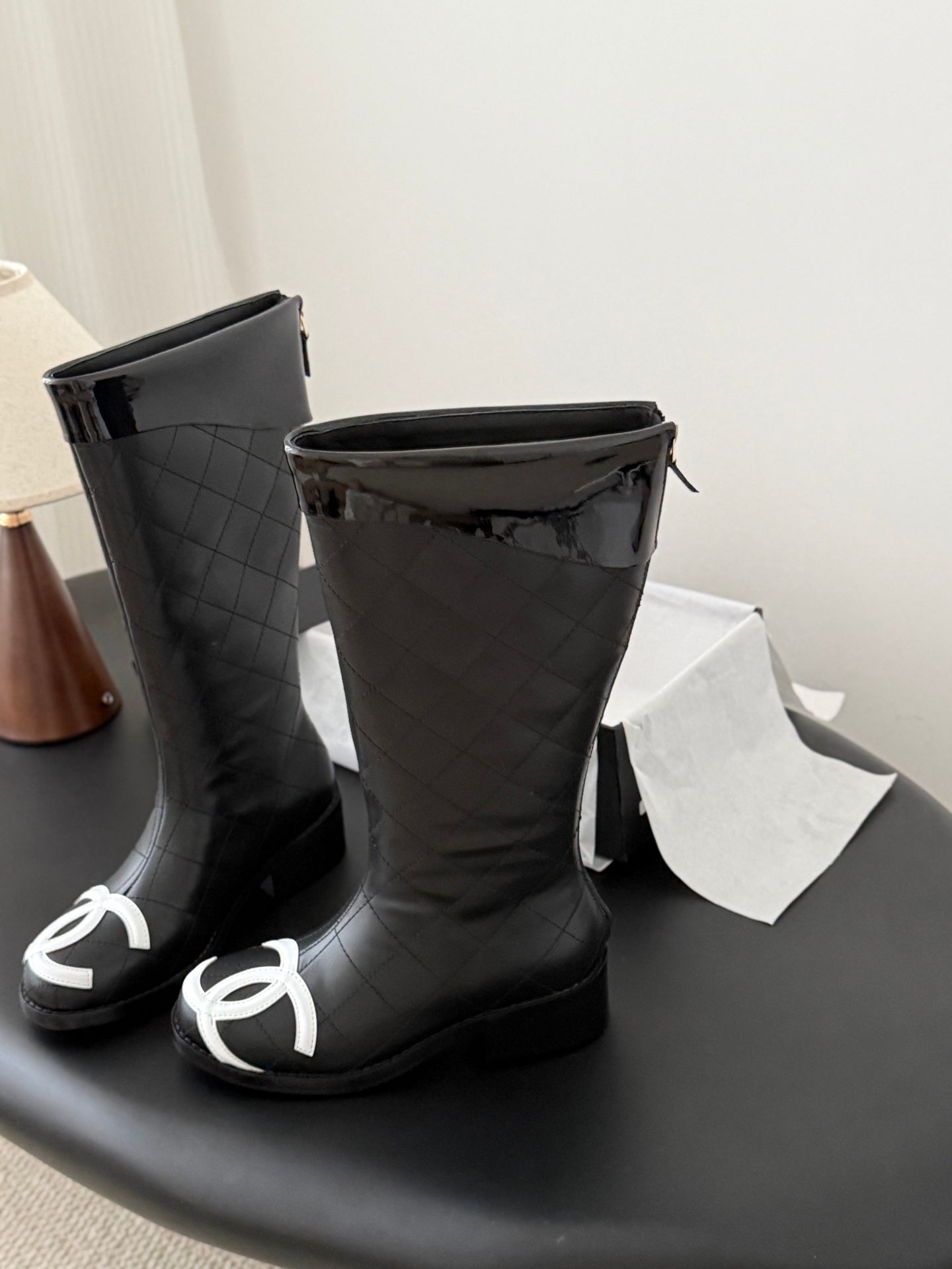 CC Cambon Mid-Calf Boots Black White Cowhide Patent Leather 540766