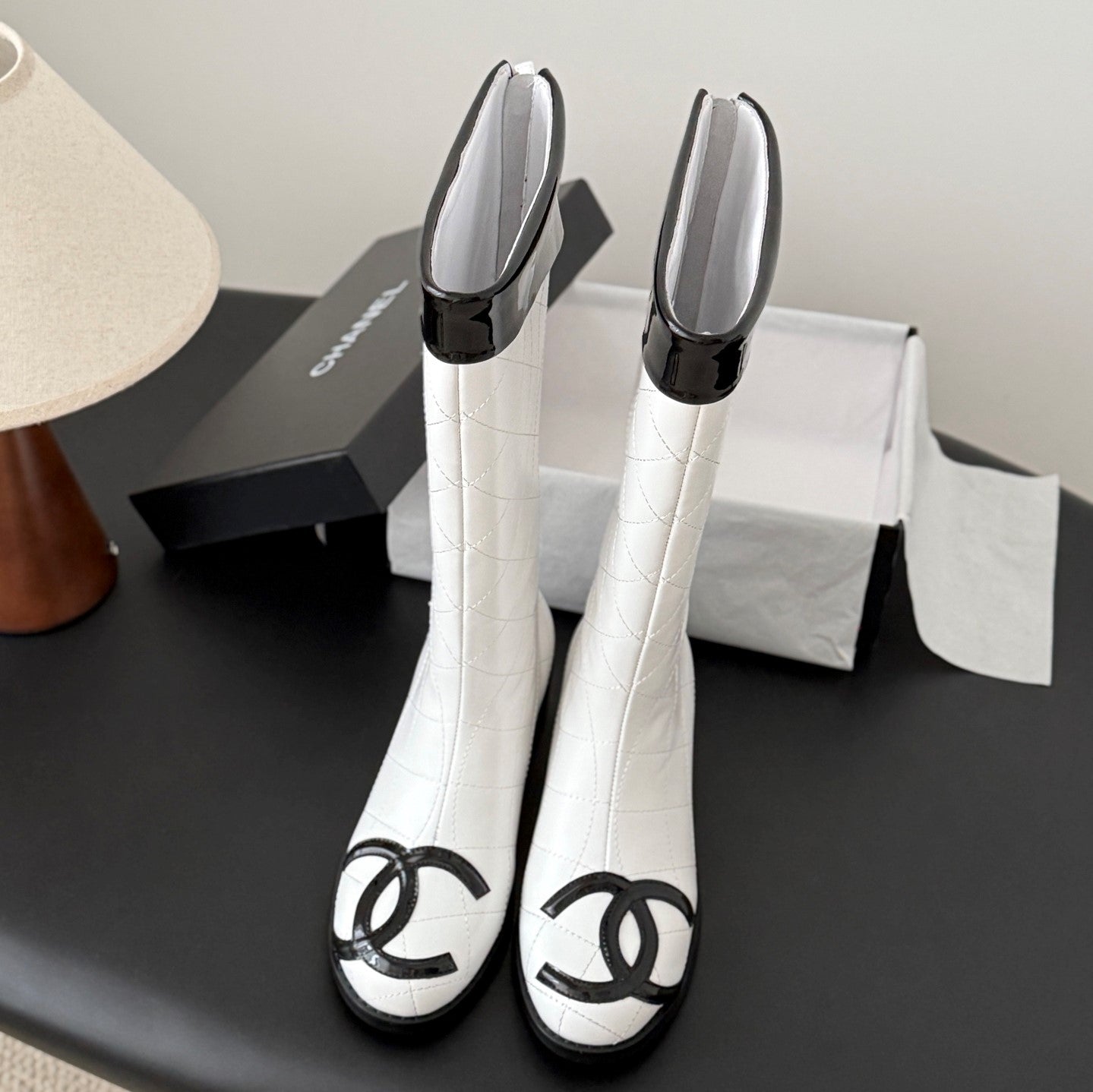 CC Cambon Mid-Calf Boots Black White Cowhide Patent Leather 540767