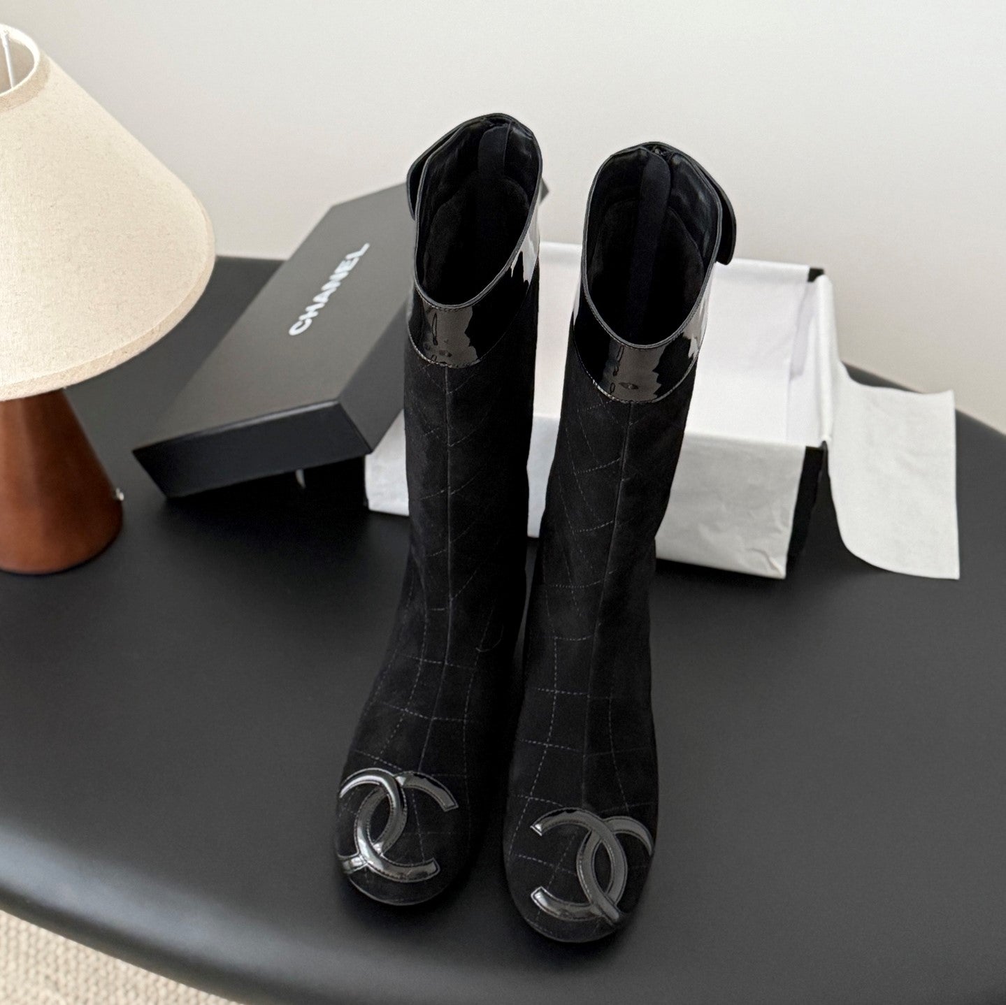 CC Cambon Mid-Calf Boots Black Suede Patent Leather 540770