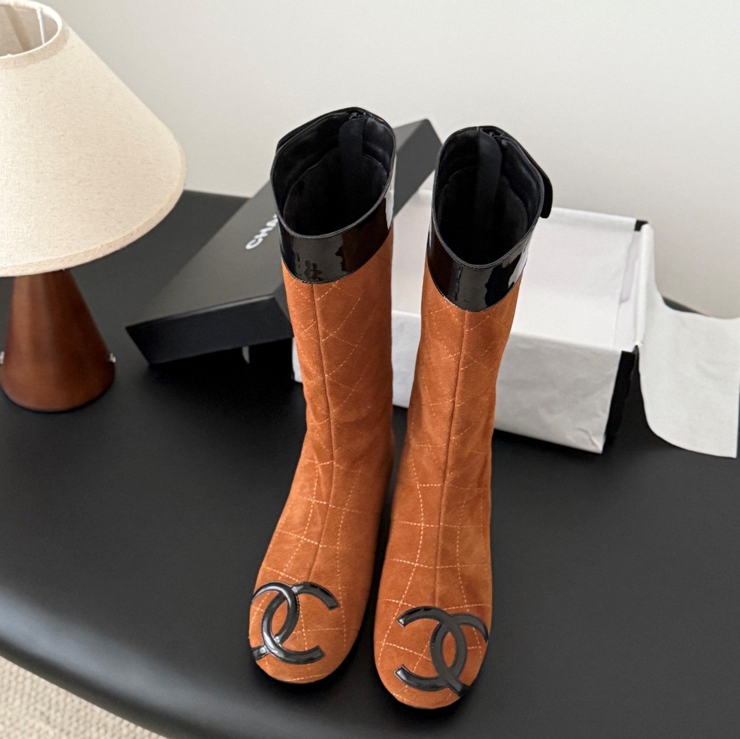 CC Cambon Mid-Calf Boots Brown Black Suede Patent Leather 540771