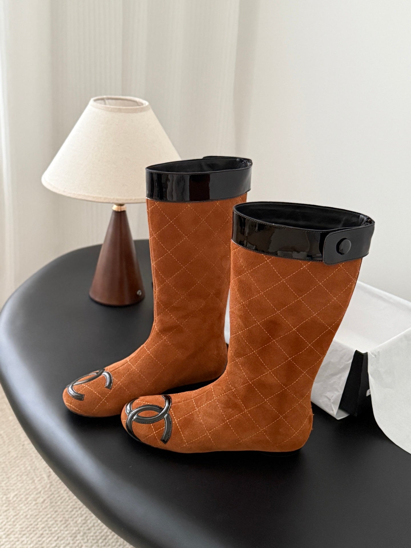 CC Cambon Mid-Calf Boots Brown Black Suede Patent Leather 540771