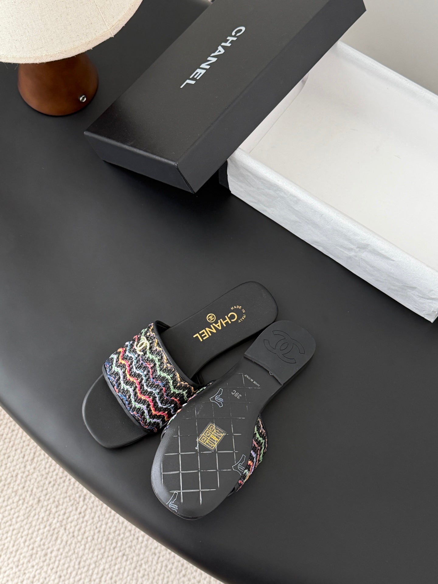 CC 26SS Slippers Black Colorful Woven Lambskin 670822