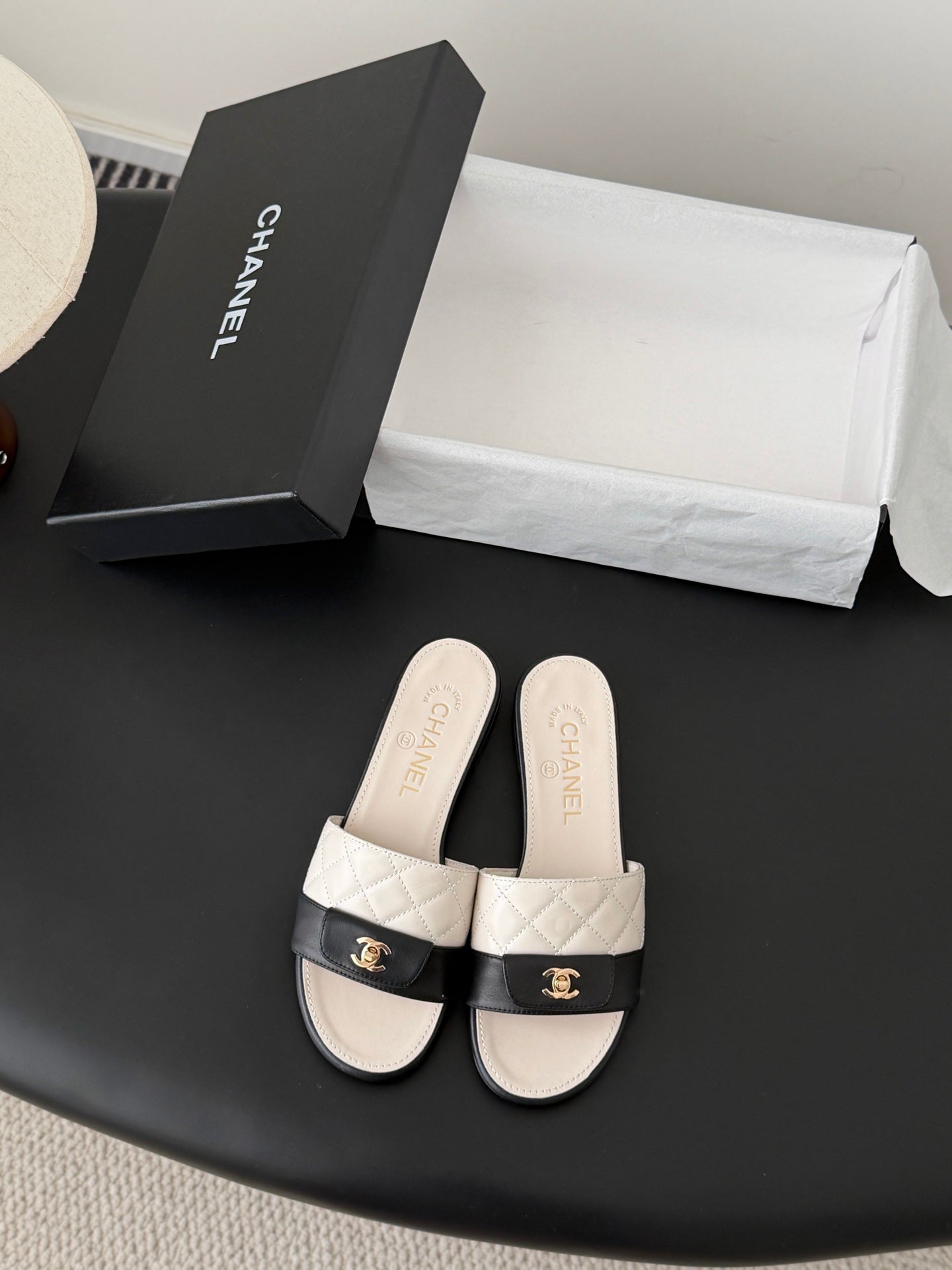 CC 26C Slippers White Quited Lambskin 670606