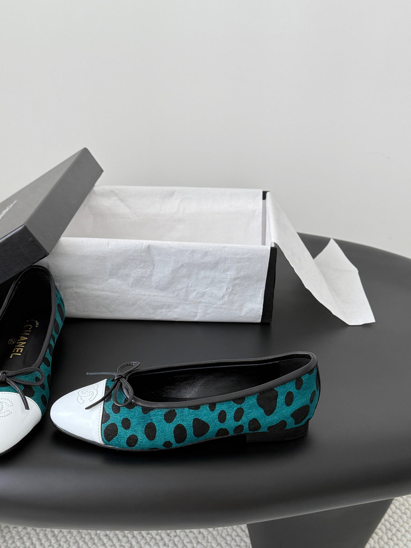 CC 26s Ballerina Flats Black Teal Green Pony Hair Calfskin 914547