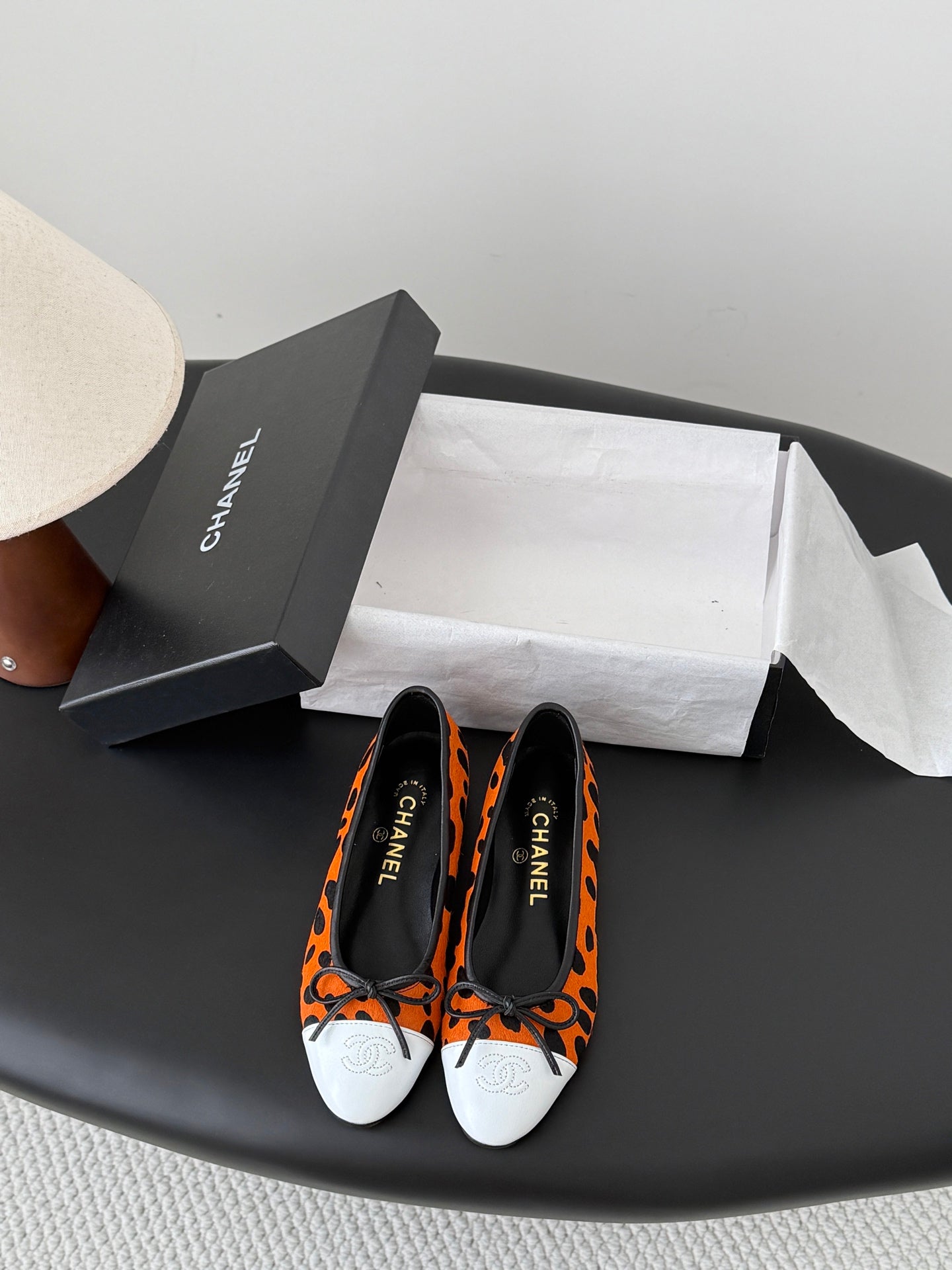 CC 26s Ballerina Flats Black Orange Pony Hair Calfskin 914550