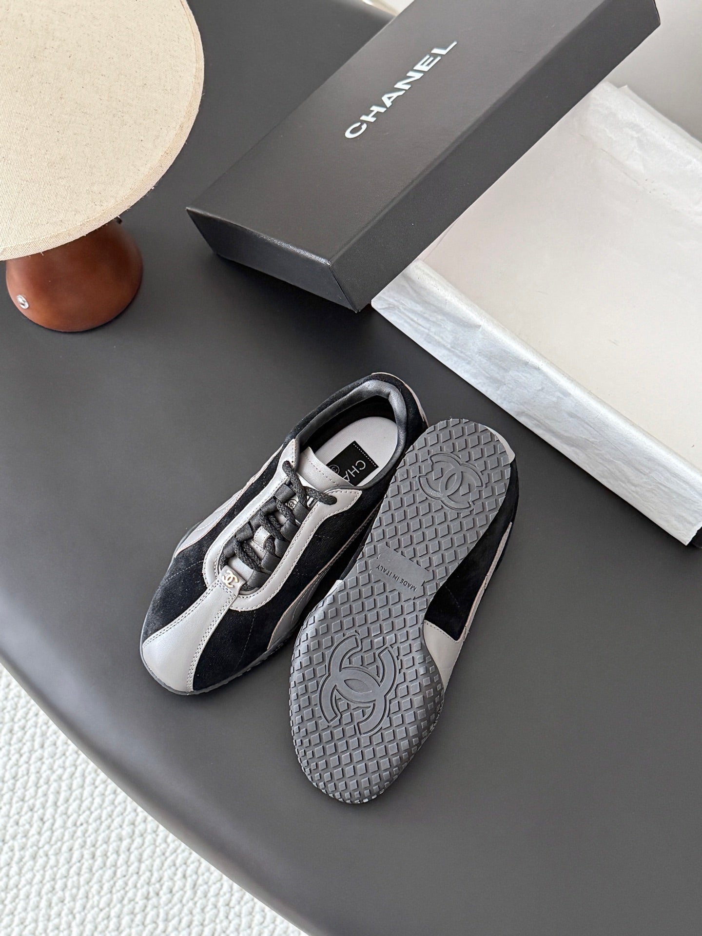 CC 26s Low-Top Retro Runner Sneakers Grey Black Suede Calfskin 969579