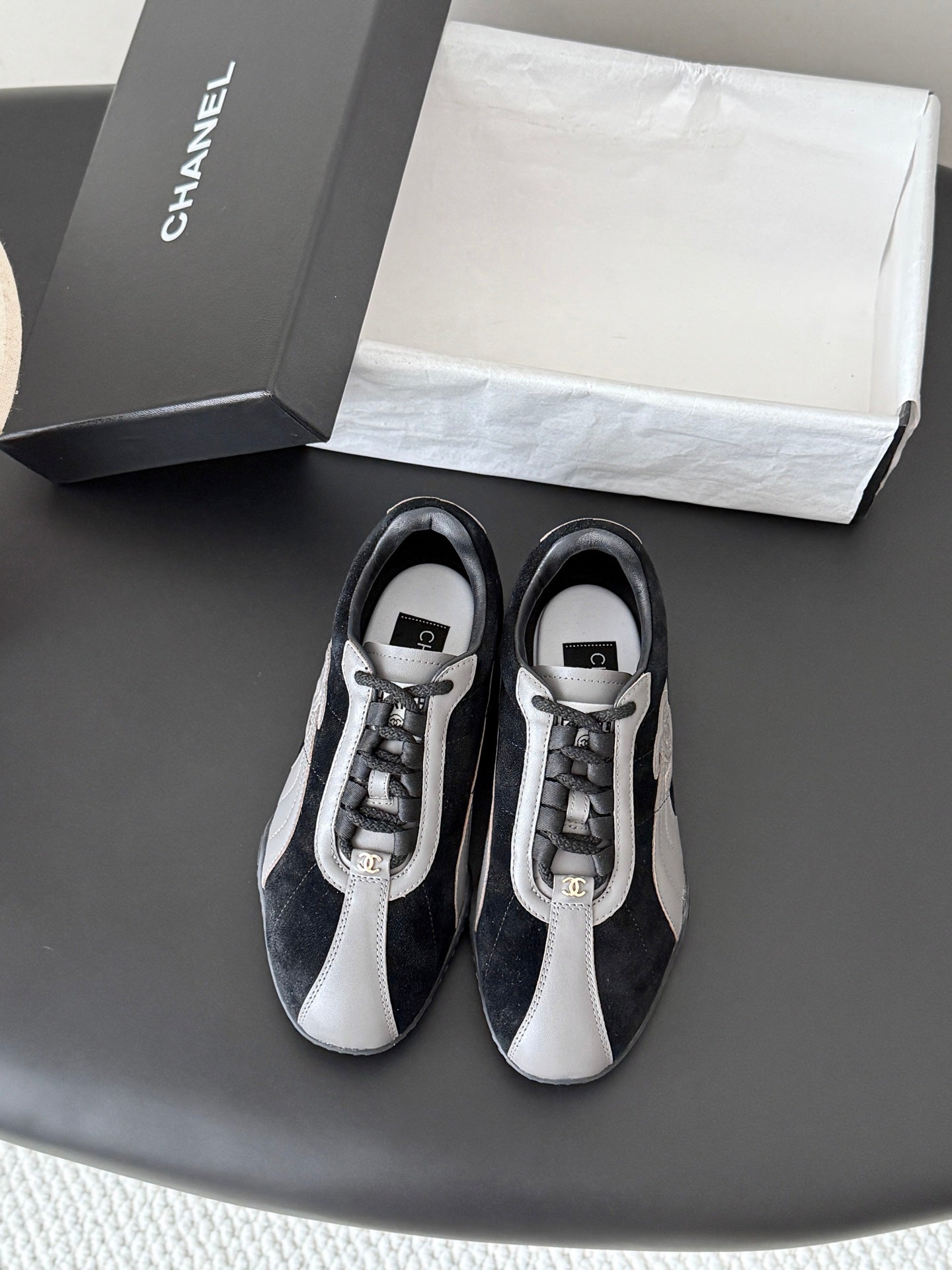 CC 26s Low-Top Retro Runner Sneakers Grey Black Suede Calfskin 969579