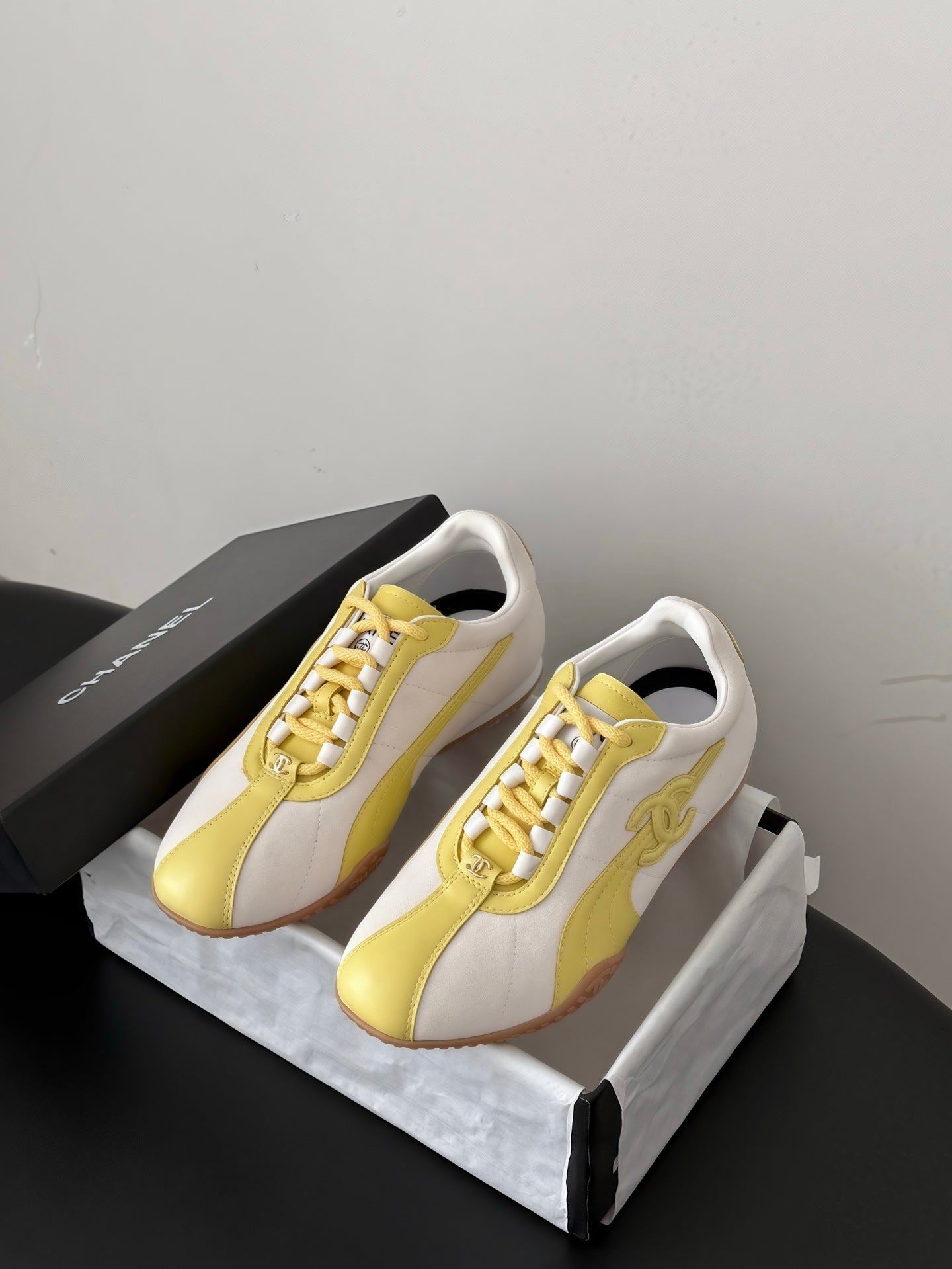 CC 26s Low-Top Retro Runner Sneakers Ivory Yellow Suede Calfskin 969582
