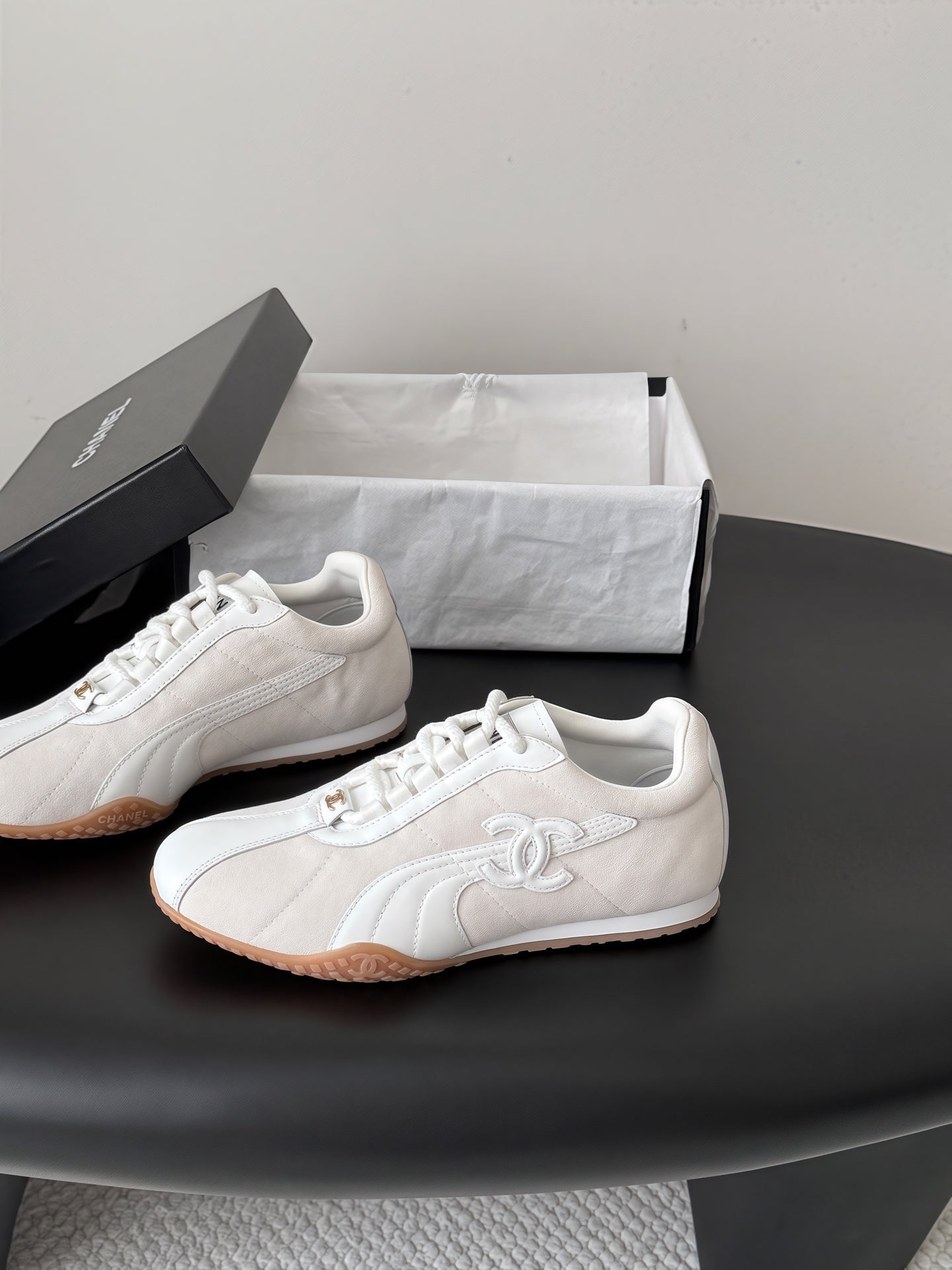 CC 26s Low-Top Retro Runner Sneakers Ivory Suede Calfskin 969583
