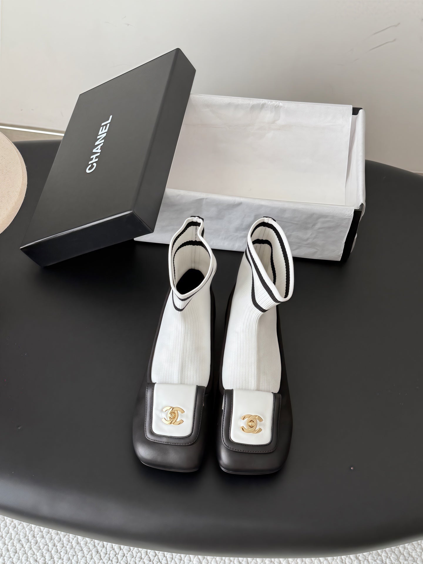 CC 26s Sock Boots Black White  Leather Cotton 969679