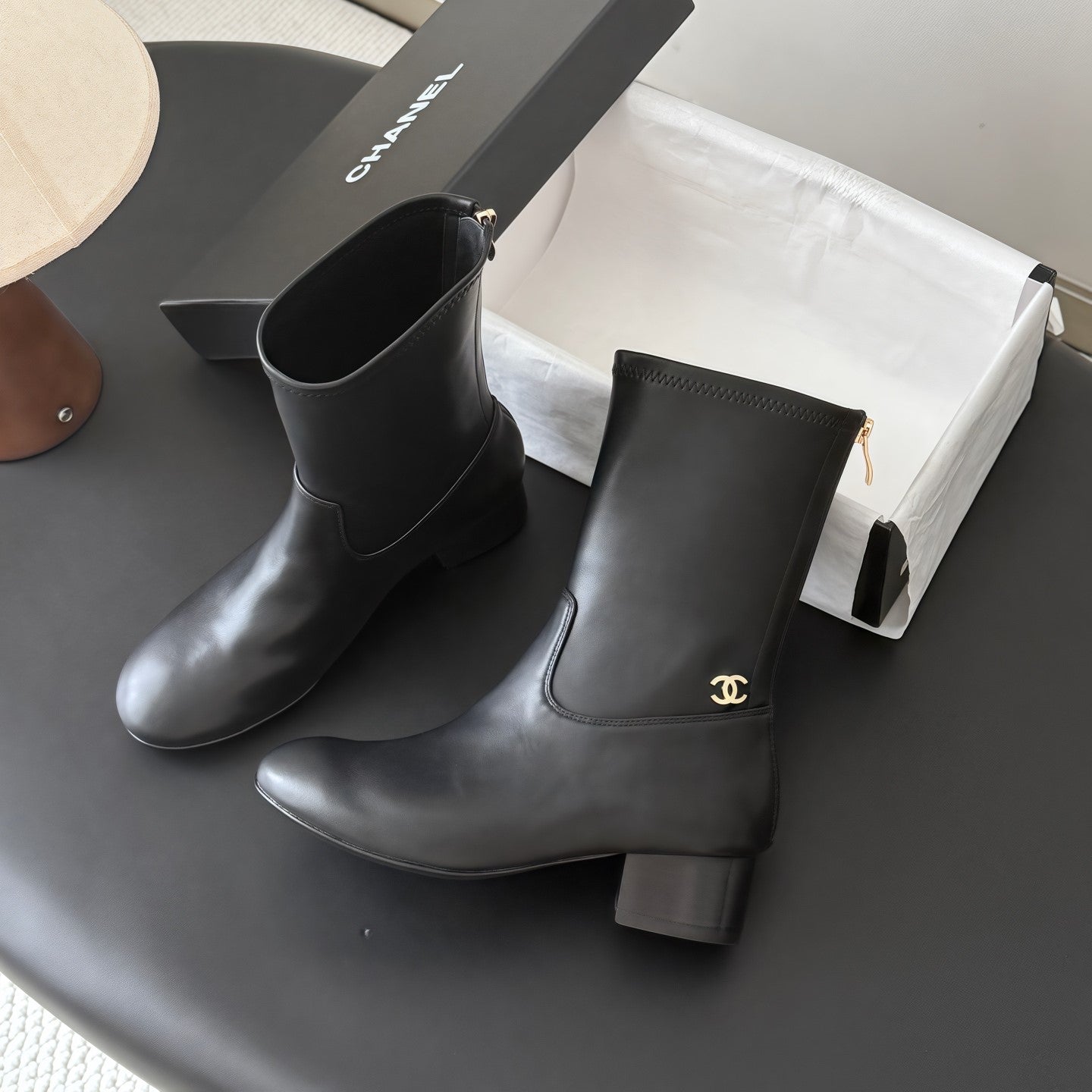 CC 26s Chunky Heel Elastic Short Boots 5cm Black Leather 969715