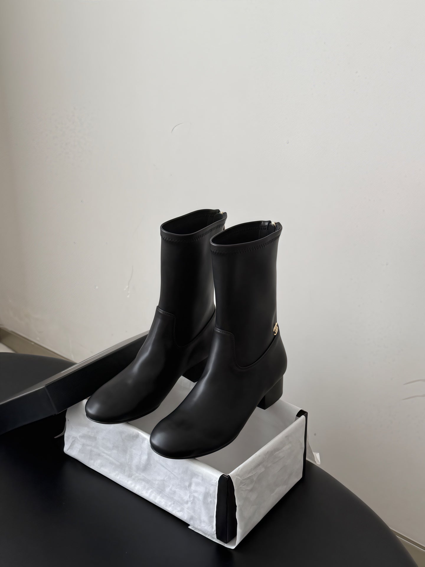 CC 26s Chunky Heel Elastic Short Boots 5cm Black Leather 969715