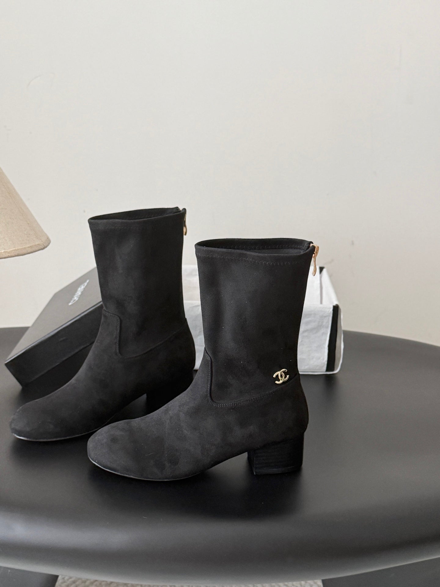CC 26s Chunky Heel Elastic Short Boots 5cm Black Suede 969716