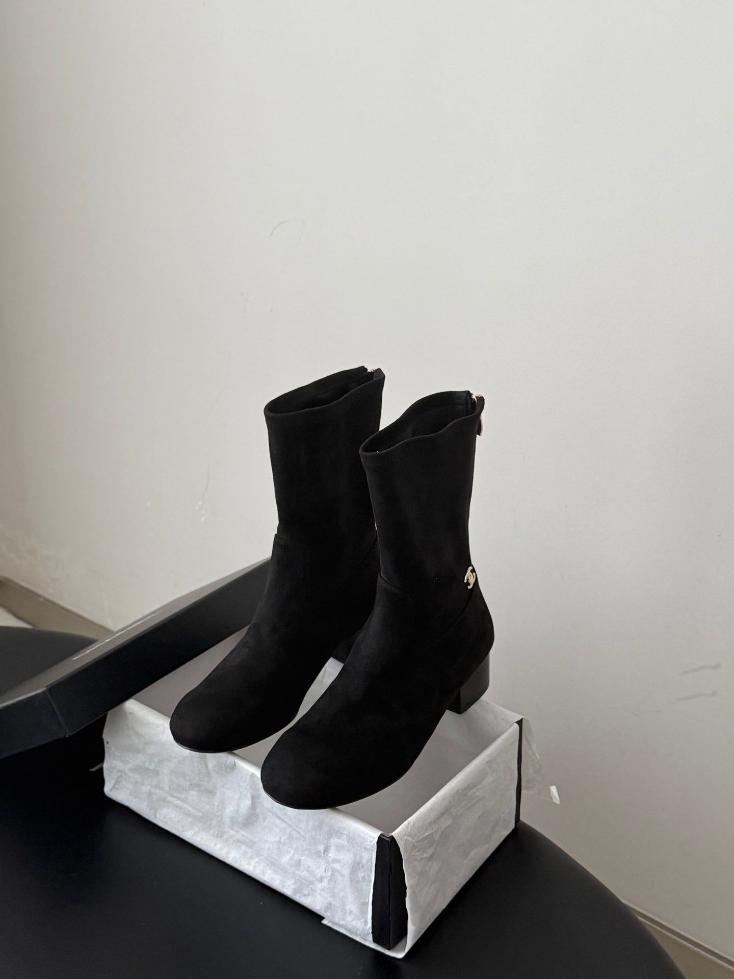CC 26s Chunky Heel Elastic Short Boots 5cm Black Suede 969716