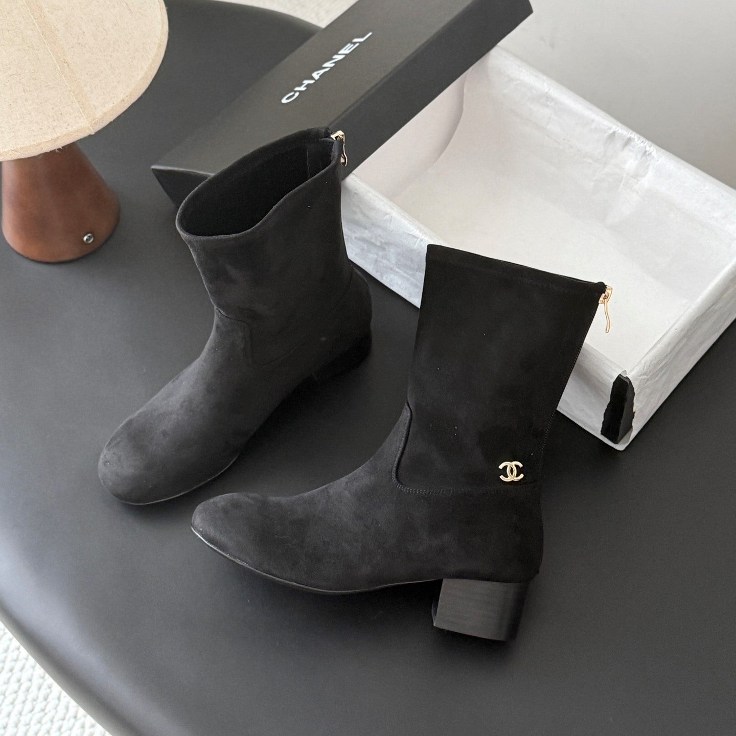 CC 26s Chunky Heel Elastic Short Boots 5cm Black Suede 969716