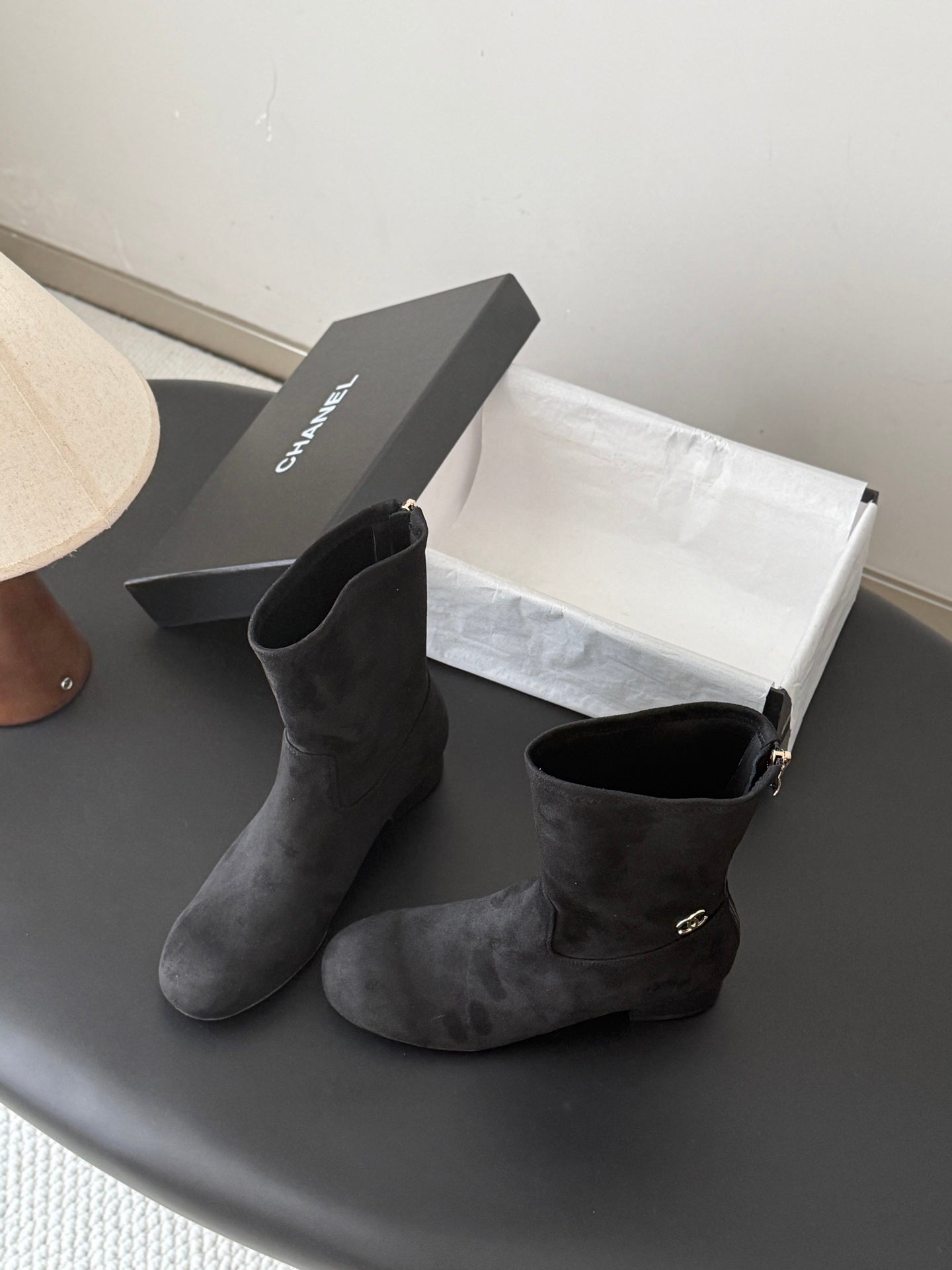 CC 26s Chunky Heel Elastic Short Boots 5cm Black Suede 969716