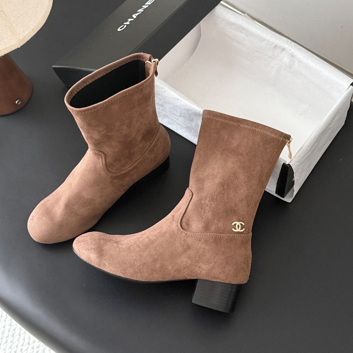 CC 26s Chunky Heel Elastic Short Boots 5cm Brown Suede 969717