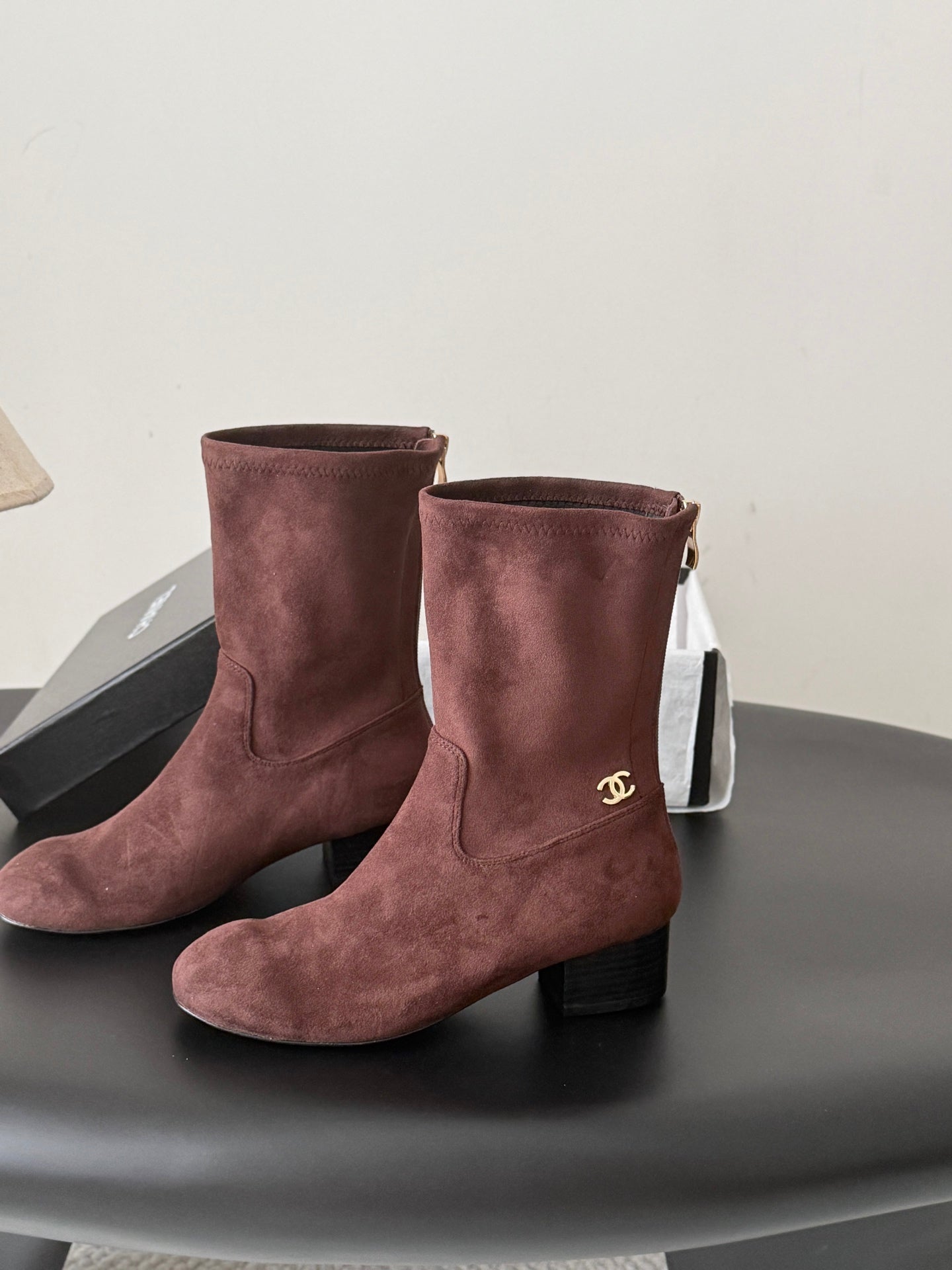 CC 26s Chunky Heel Elastic Short Boots 5cm Coffee Suede 969718