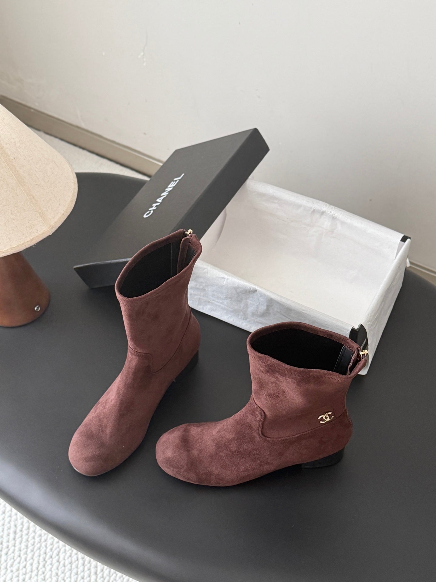 CC 26s Chunky Heel Elastic Short Boots 5cm Coffee Suede 969718