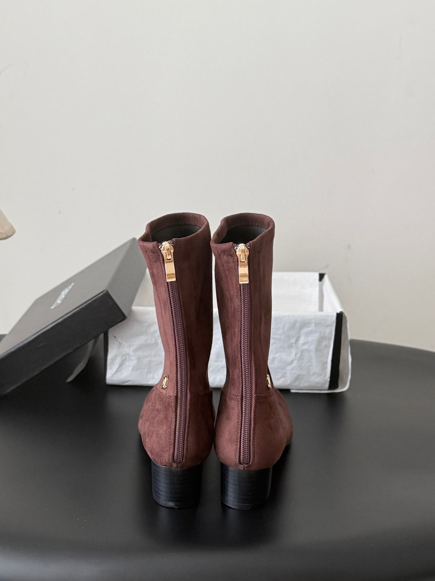 CC 26s Chunky Heel Elastic Short Boots 5cm Coffee Suede 969718