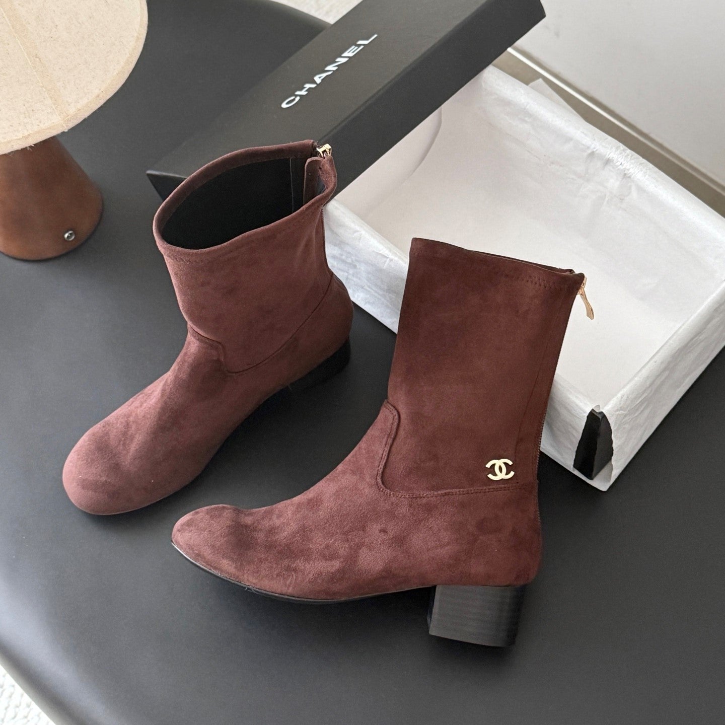 CC 26s Chunky Heel Elastic Short Boots 5cm Coffee Suede 969718