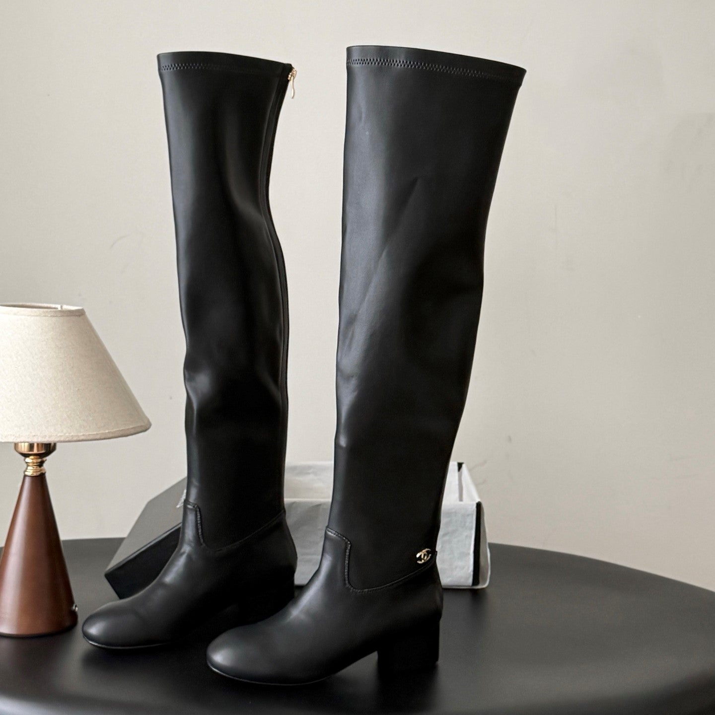 CC 26s Chunky Heel Elastic Boots 5cm Black Leather 969719