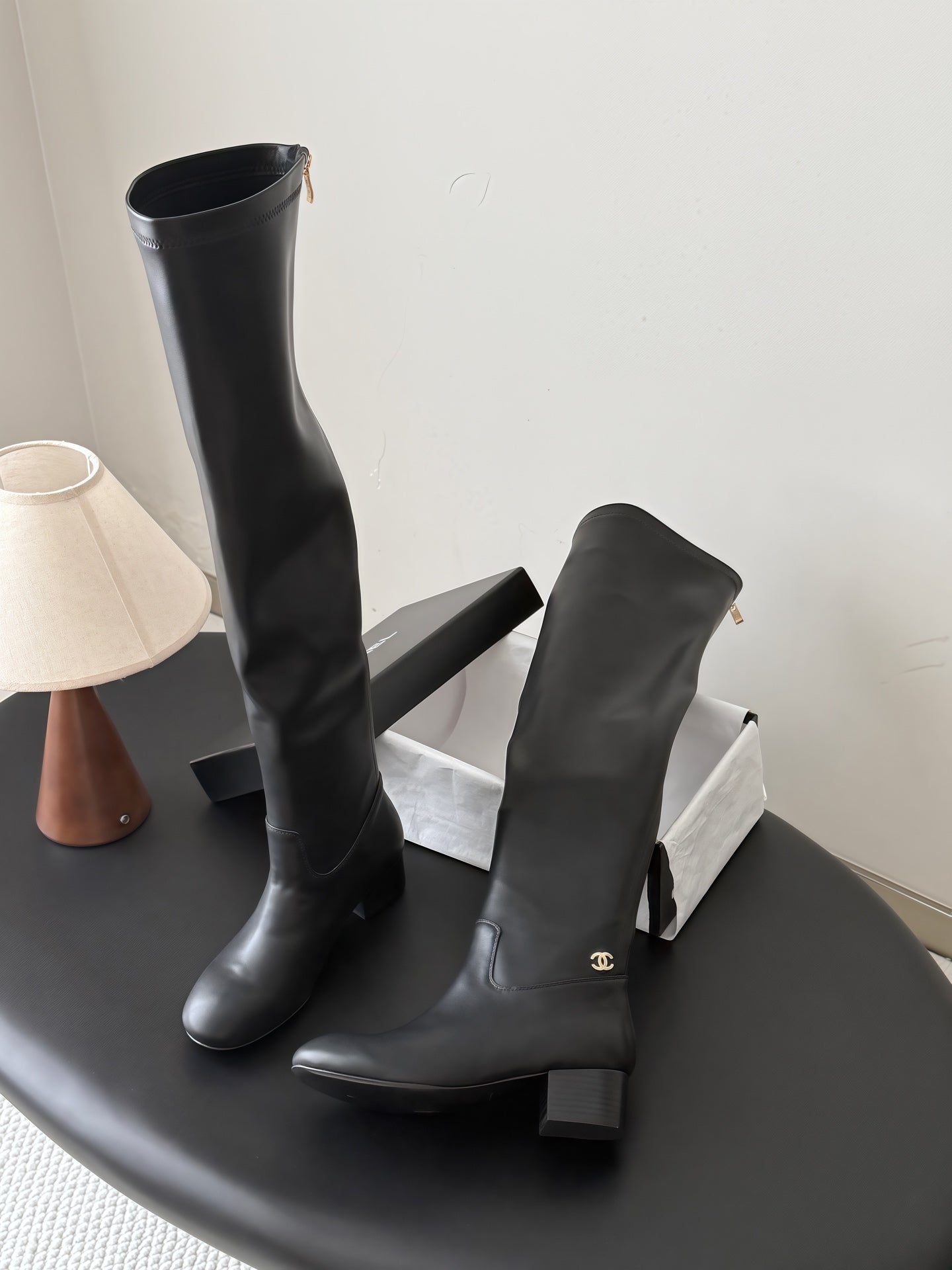 CC 26s Chunky Heel Elastic Boots 5cm Black Leather 969719