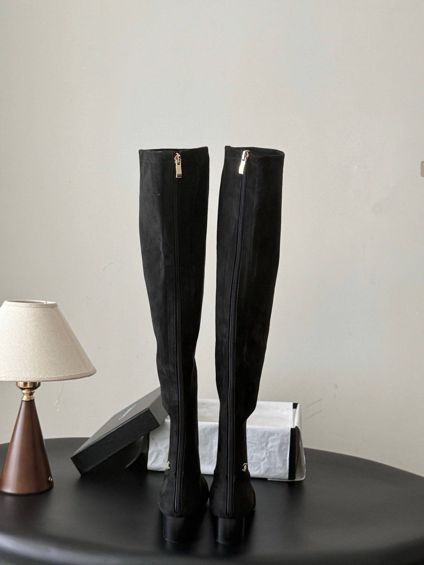 CC 26s Chunky Heel Elastic Boots 5cm Black Suede 969720