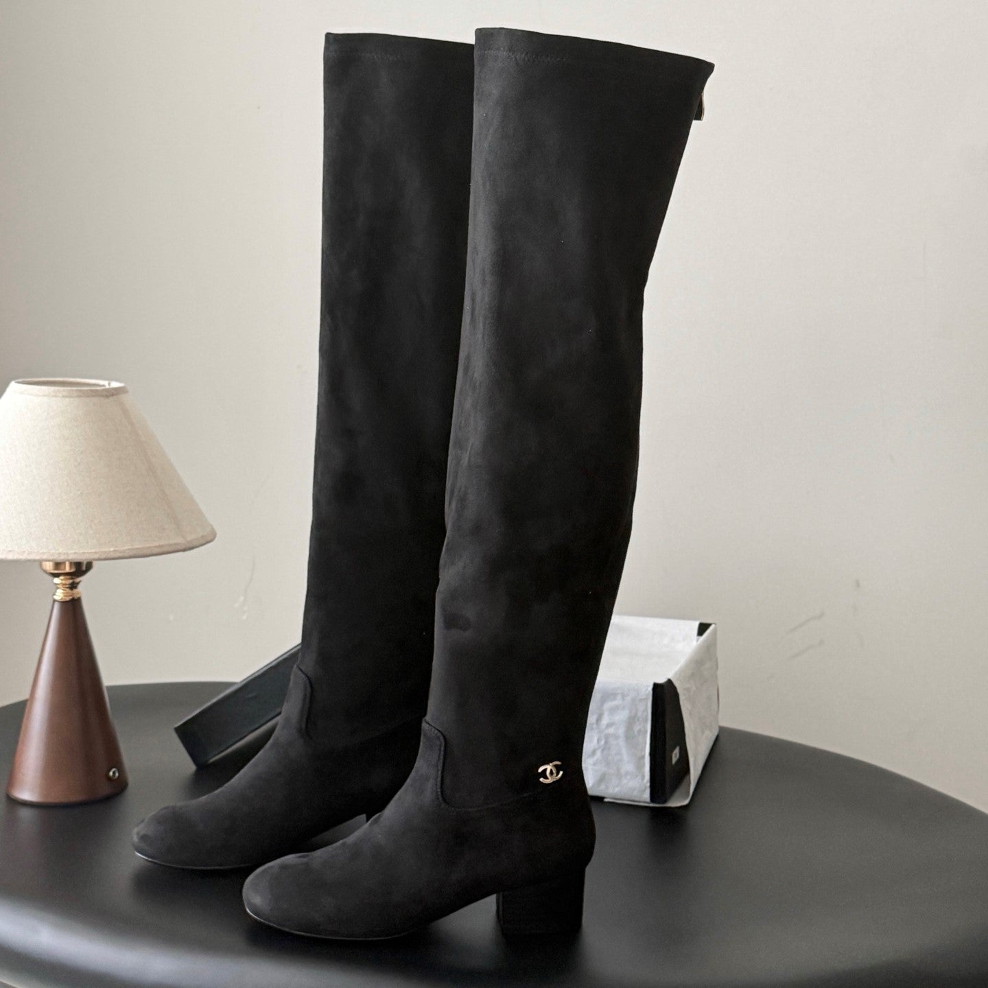 CC 26s Chunky Heel Elastic Boots 5cm Black Suede 969720