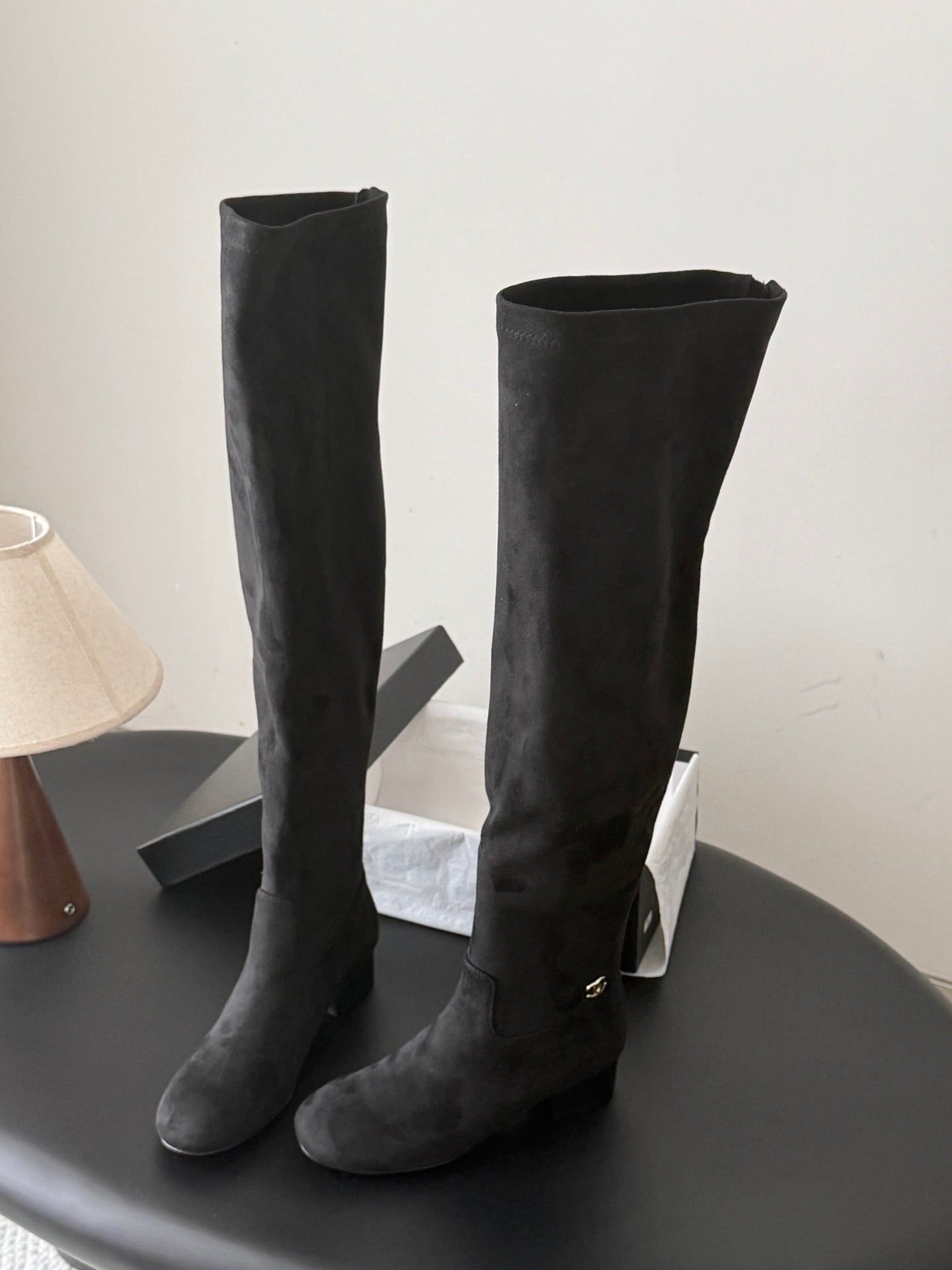 CC 26s Chunky Heel Elastic Boots 5cm Black Suede 969720