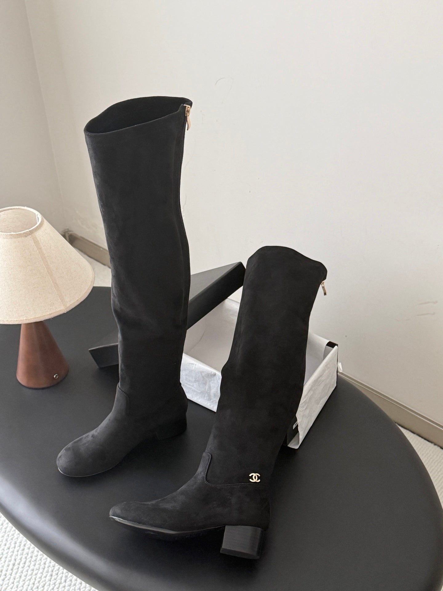 CC 26s Chunky Heel Elastic Boots 5cm Black Suede 969720