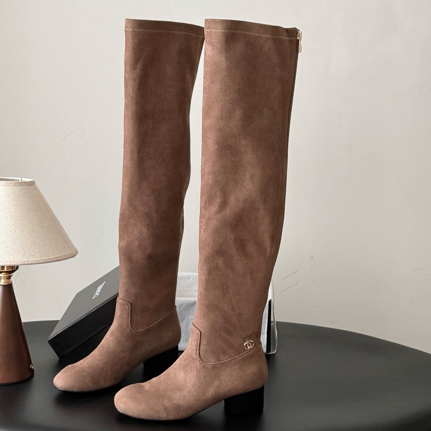 CC 26s Chunky Heel Elastic Boots 5cm Brown Suede 969721