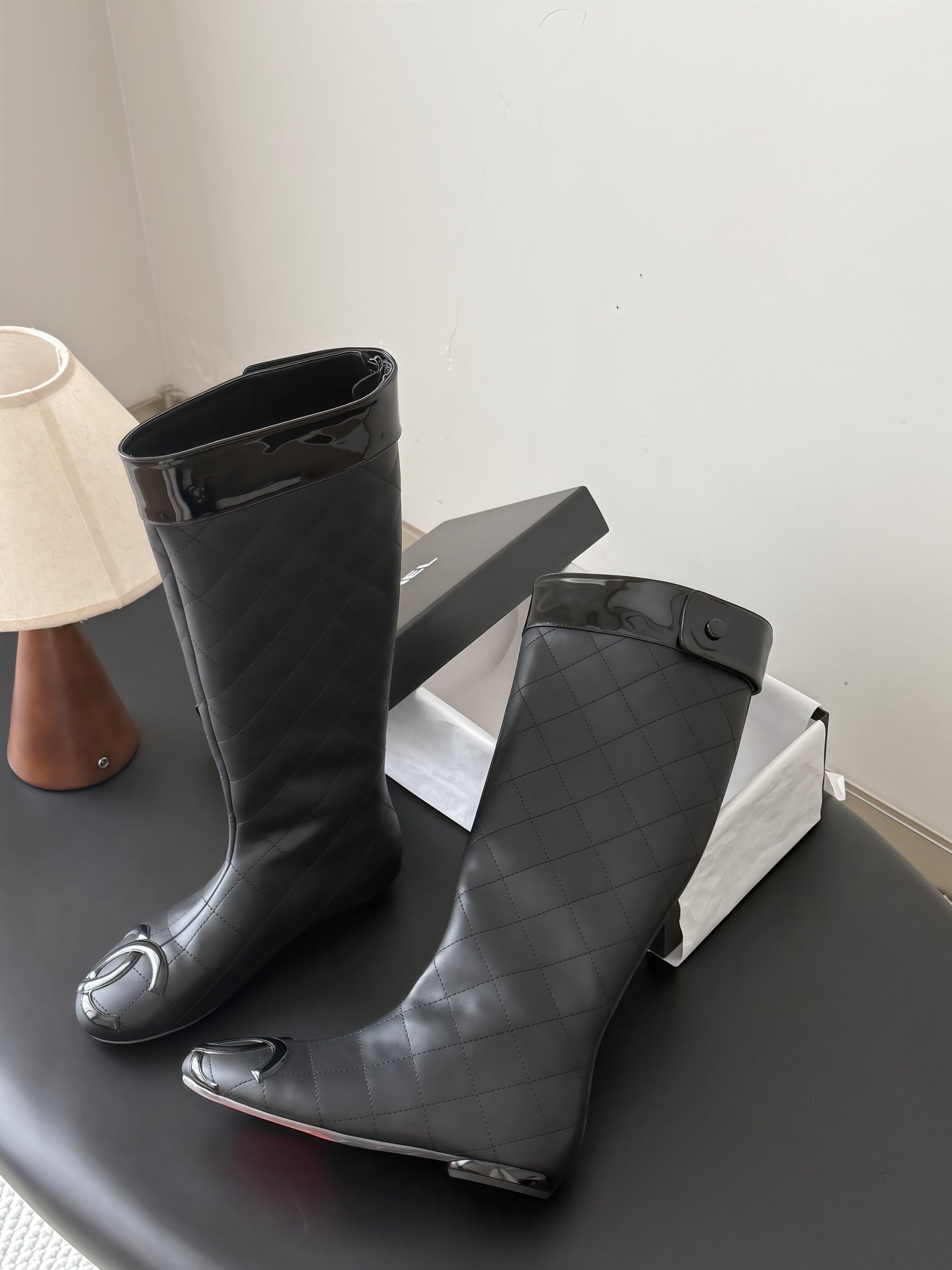 CC 26s Cambon Quilted Tall Flat Boots Black Calfskin 969723