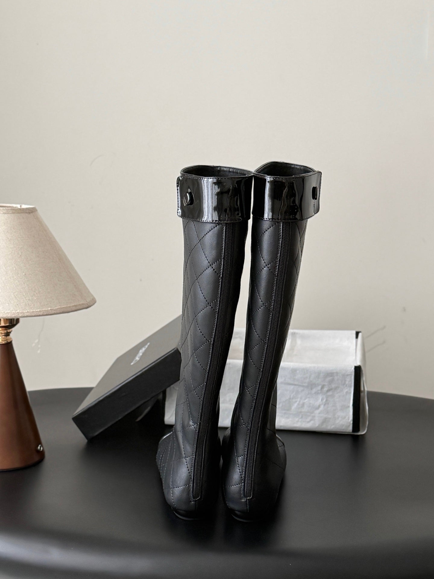CC 26s Cambon Quilted Tall Flat Boots Black Calfskin 969723