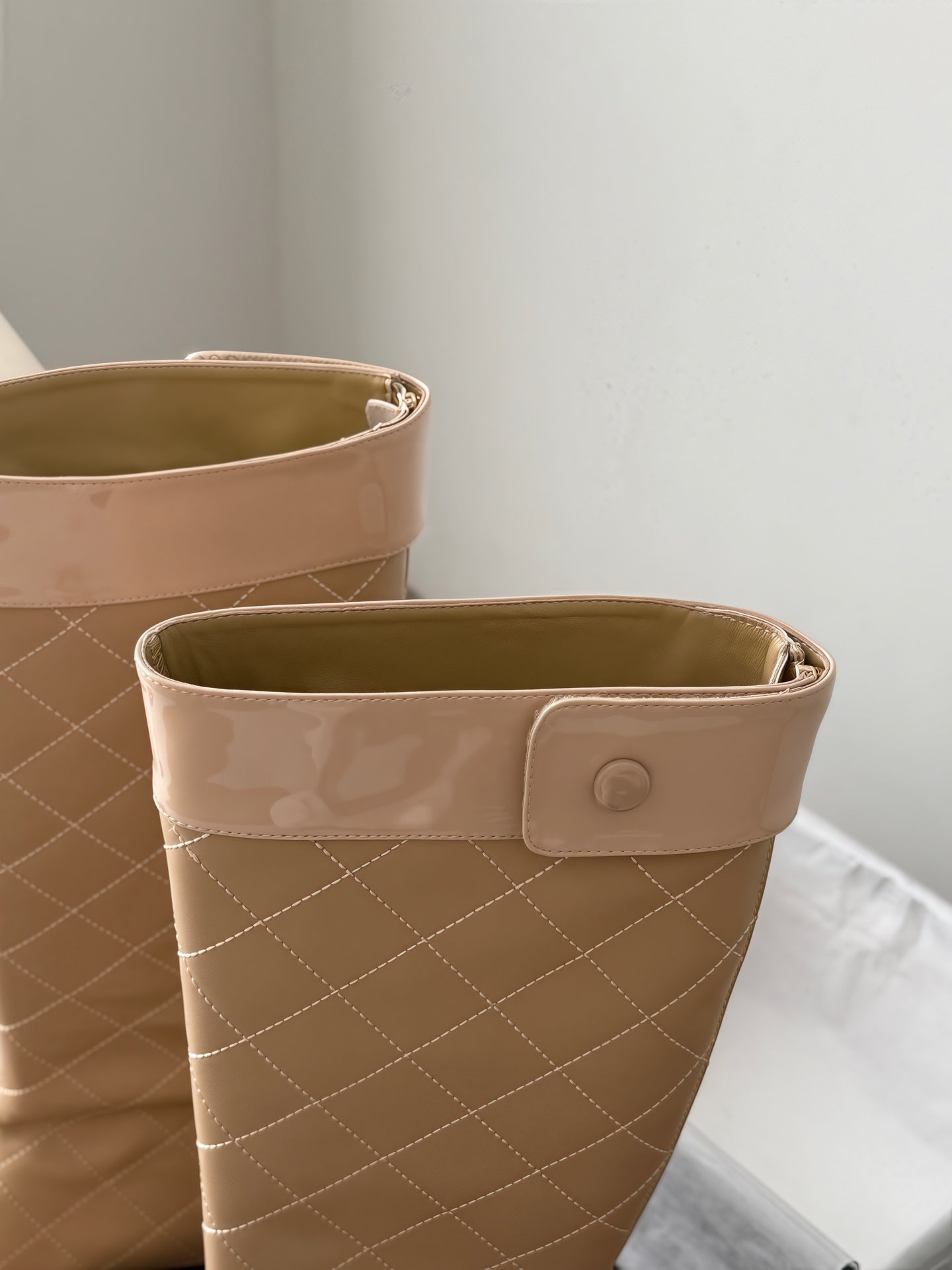 CC 26s Cambon Quilted Tall Flat Boots Beige Calfskin 969724