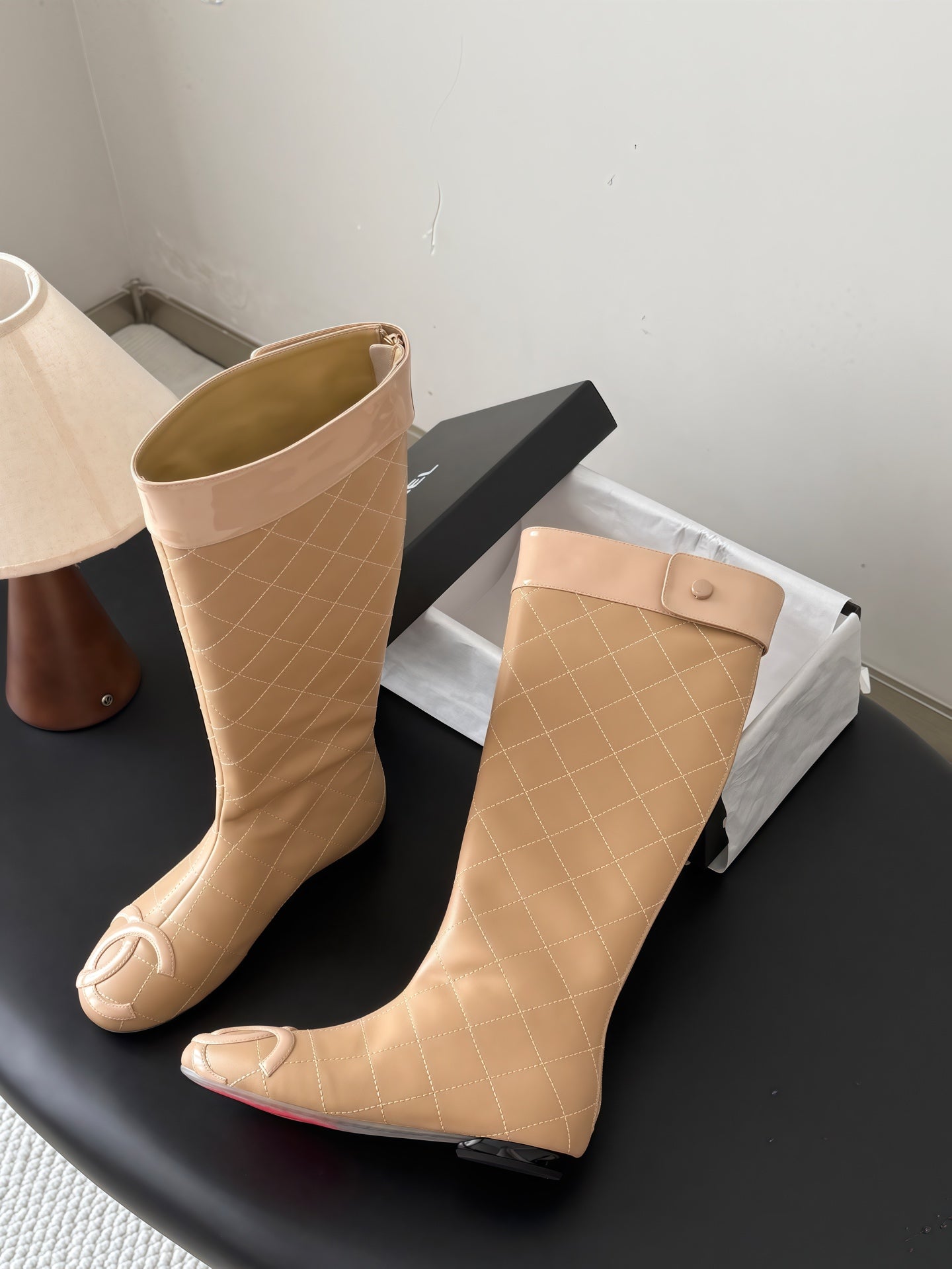 CC 26s Cambon Quilted Tall Flat Boots Beige Calfskin 969724