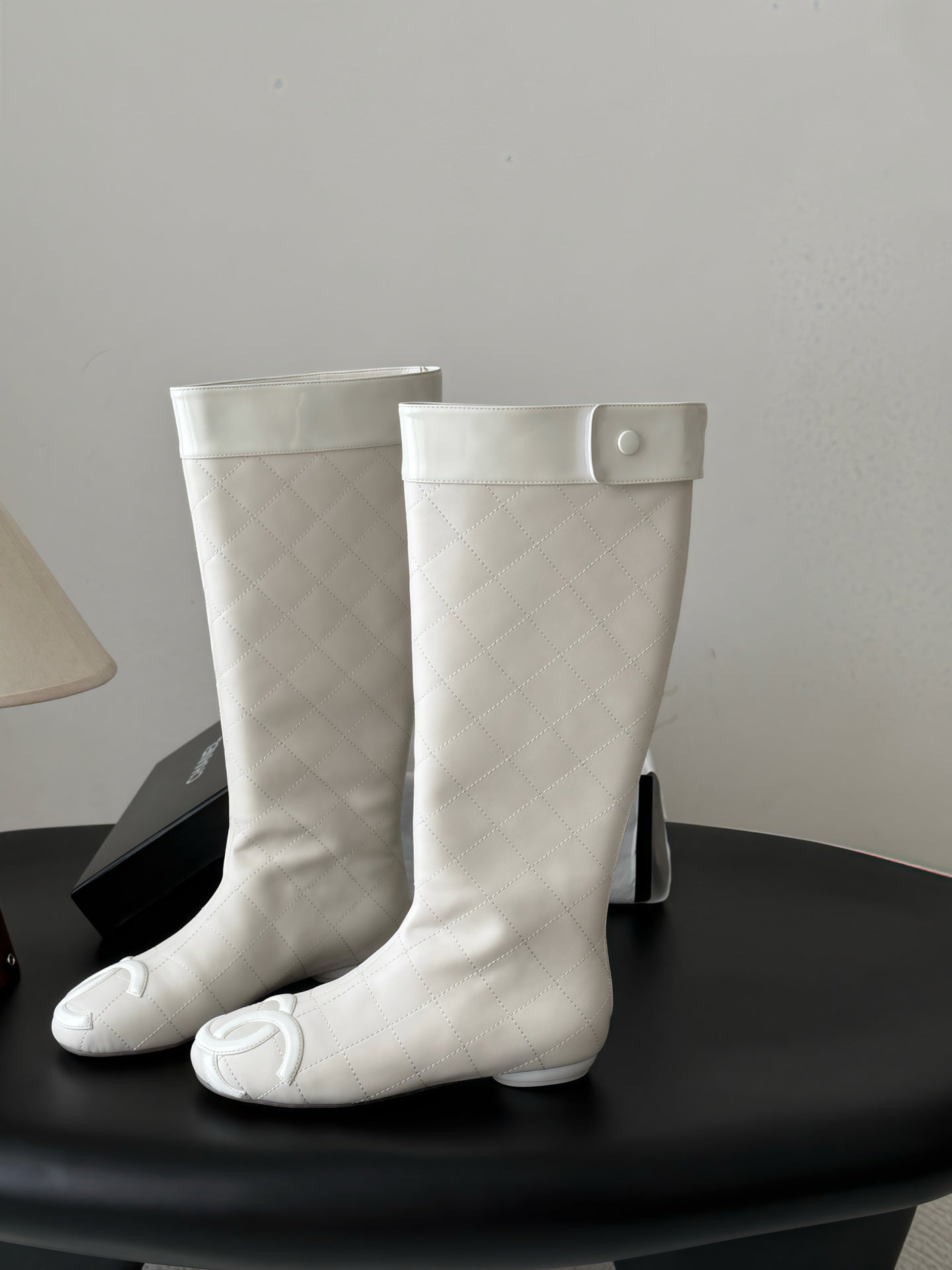 CC 26s Cambon Quilted Tall Flat Boots Ivory White Calfskin 969725